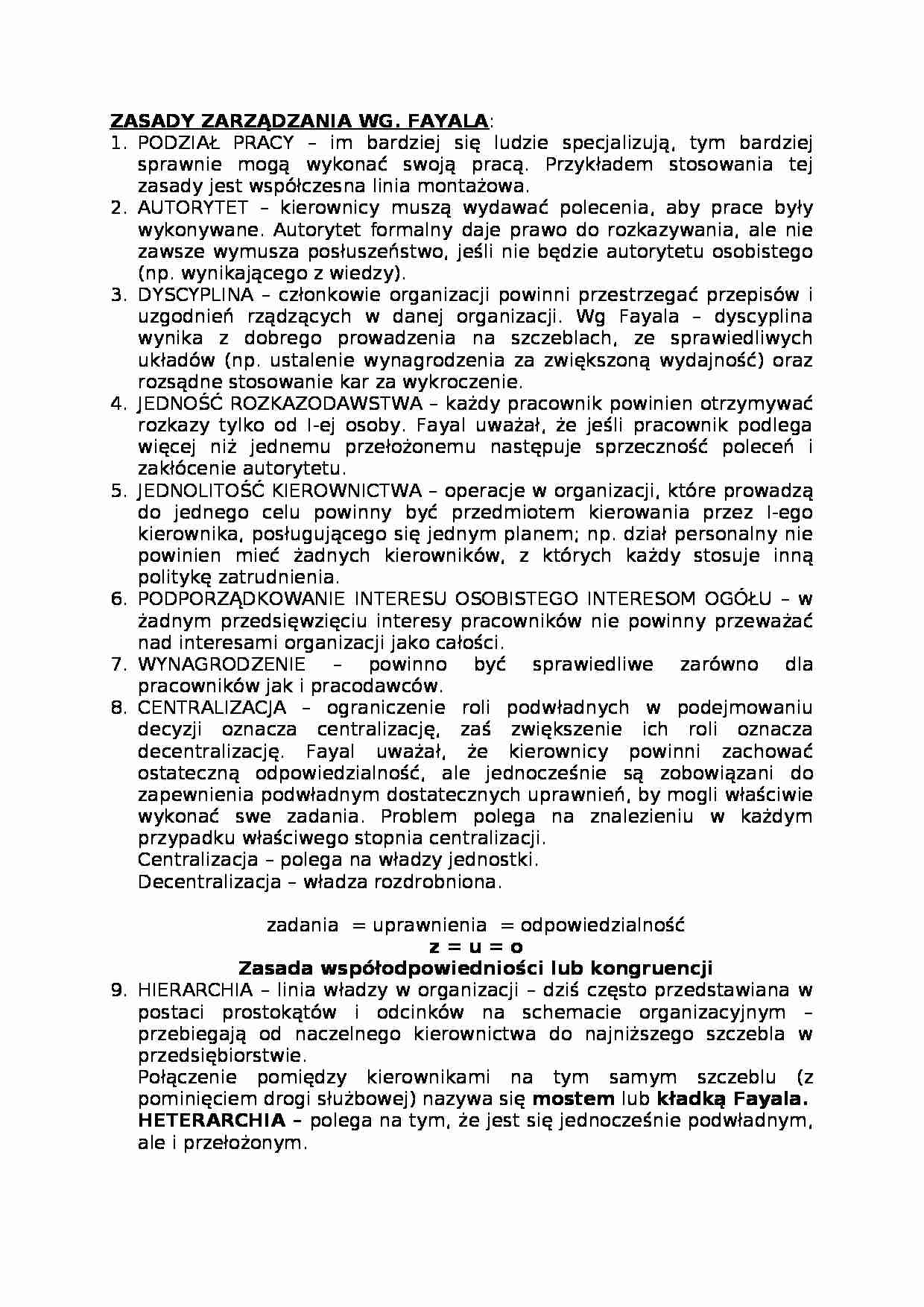 Zasady zarządzania według Fayala-opracowanie - strona 1