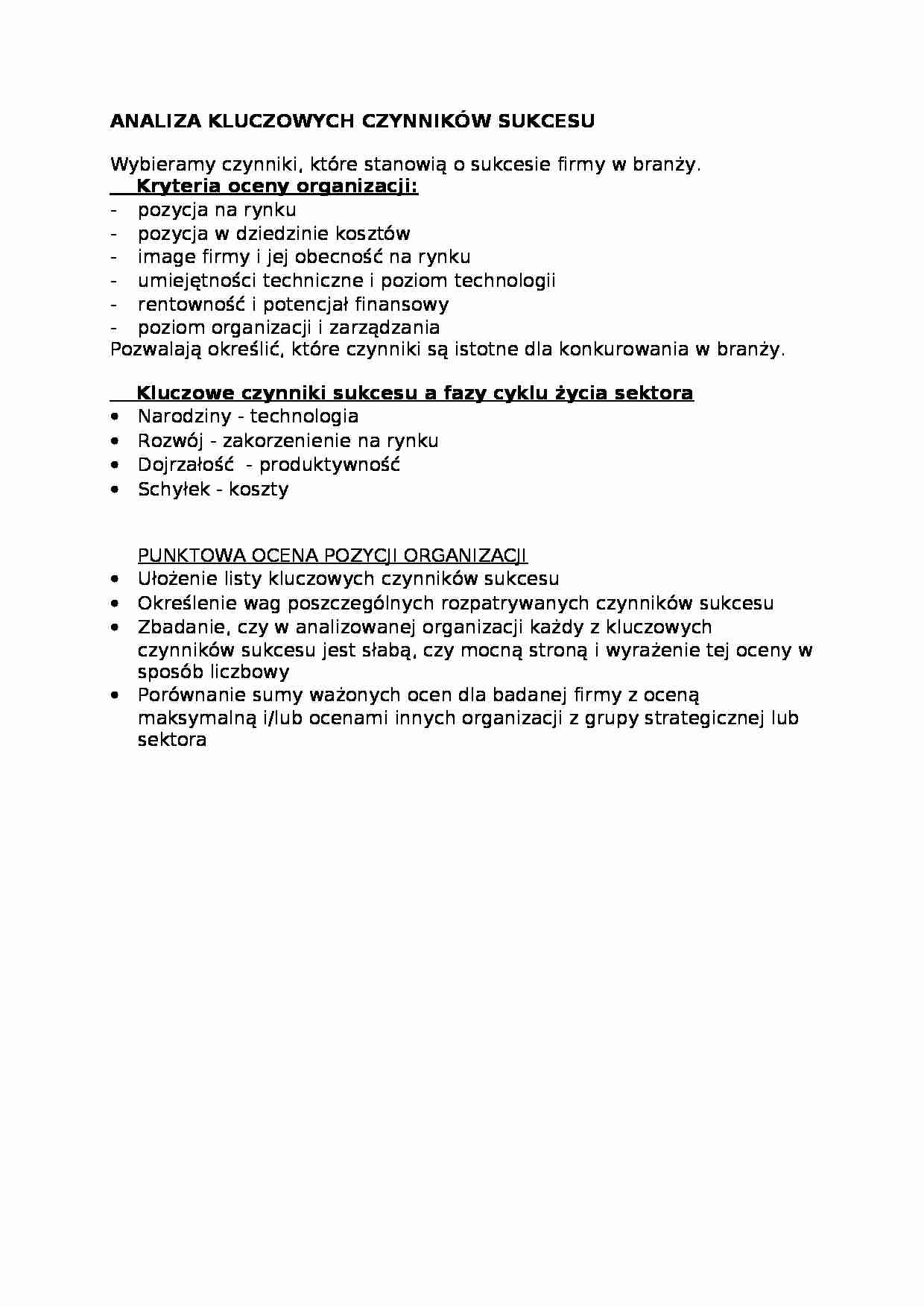 Analiza kluczowych czynników sukcesu-opracowanie - strona 1