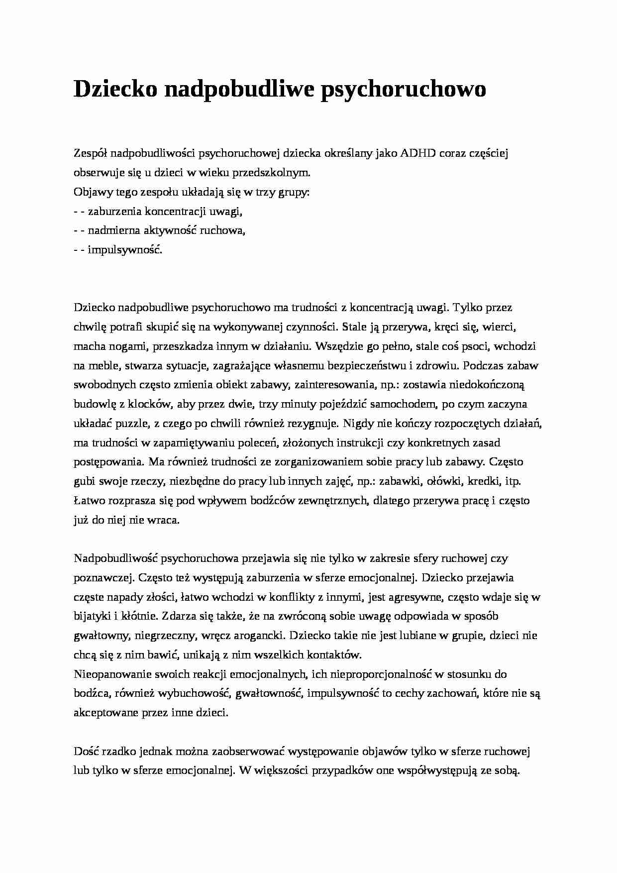 Dziecko nadpobudliwe psychoruchowo- pedagogika - strona 1