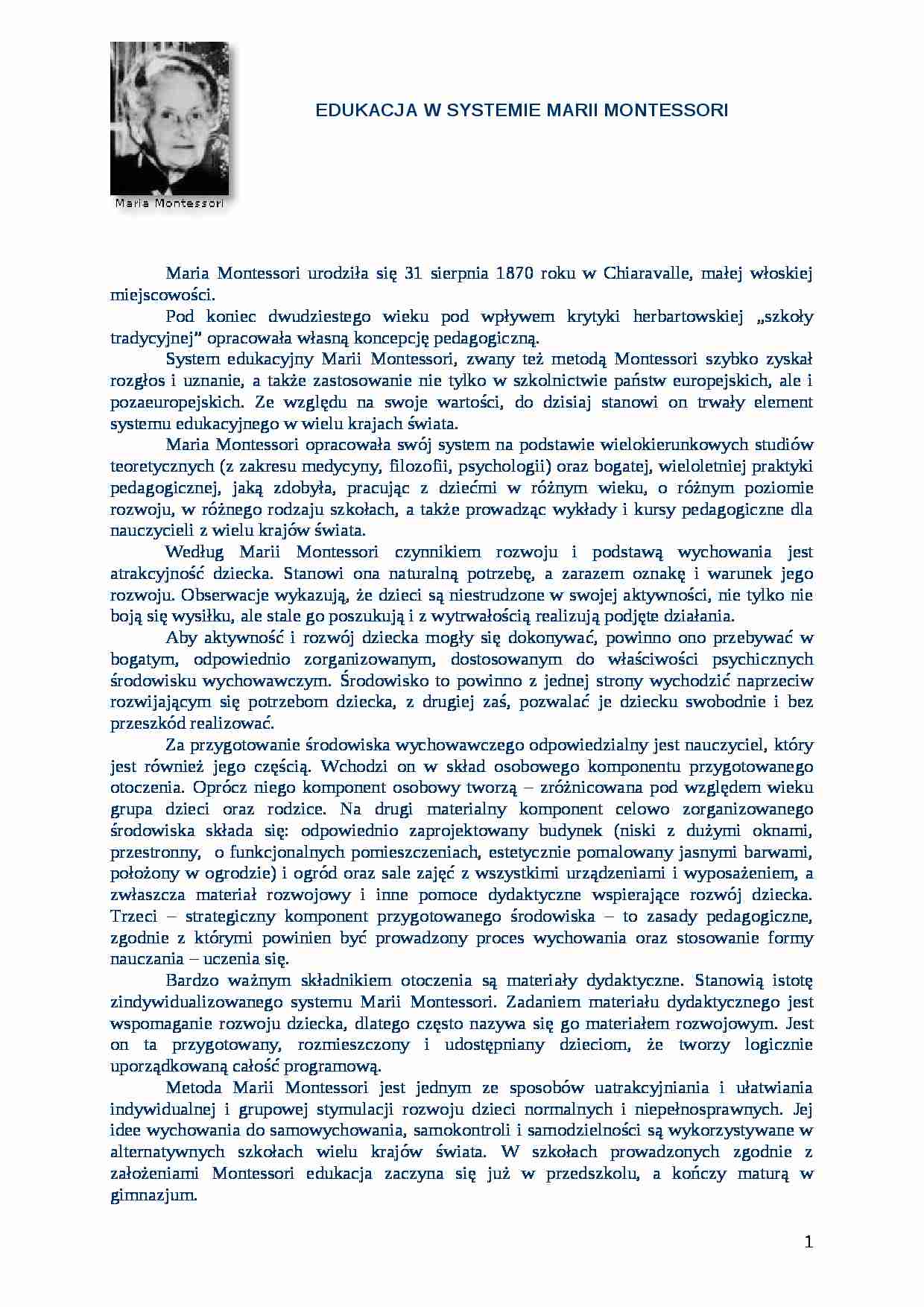 EDUKACJA W SYSTEMIE MARII MONTESSORI- pedagogika - strona 1