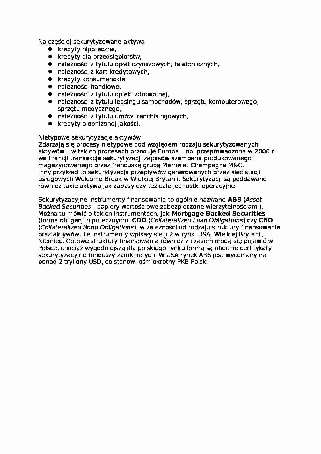 Najczęściej sekurytyzowane aktywa - opracowanie - strona 1