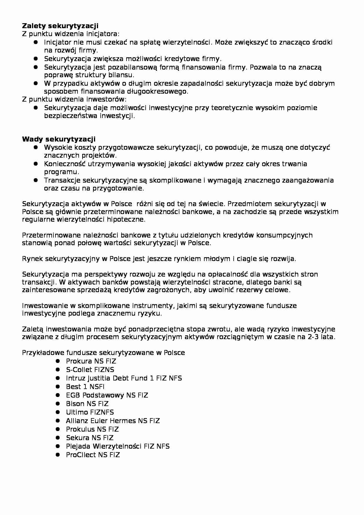 Zalety i wady sekurytyzacji - opracowanie - strona 1