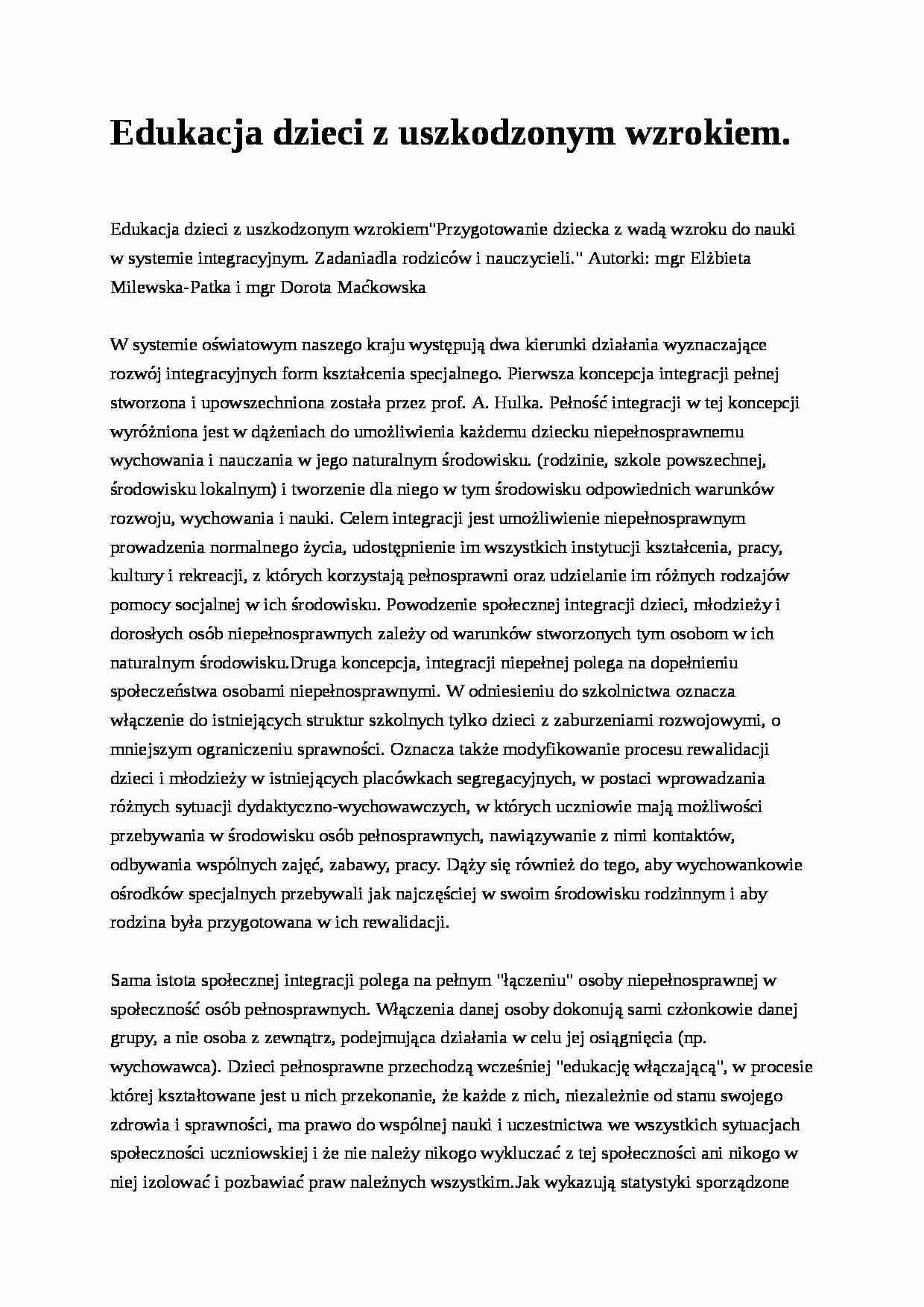 Edukacja dzieci z uszkodzonym wzrokiem- pedagogika - strona 1