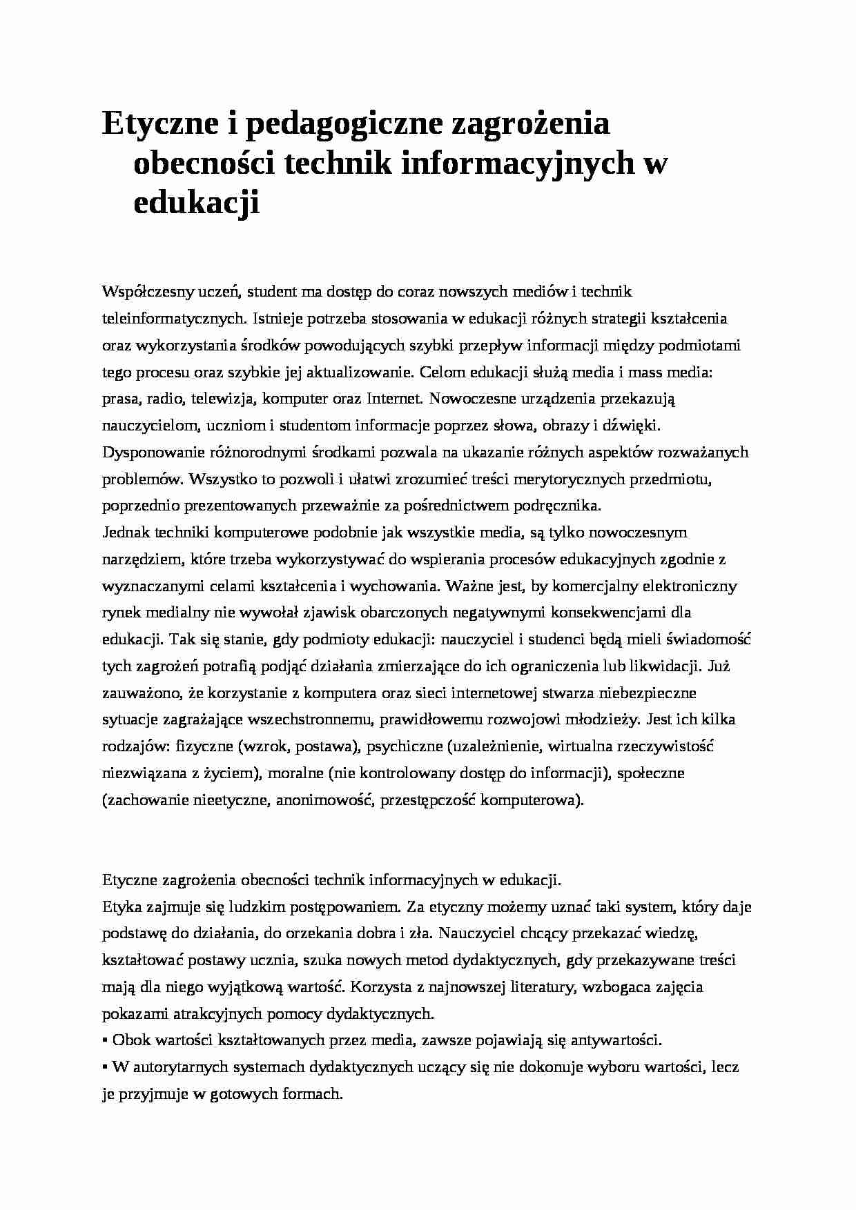 Etyczne i pedagogiczne zagrożenia obecności technik informacyjnych w edukacji- pedagogika - strona 1