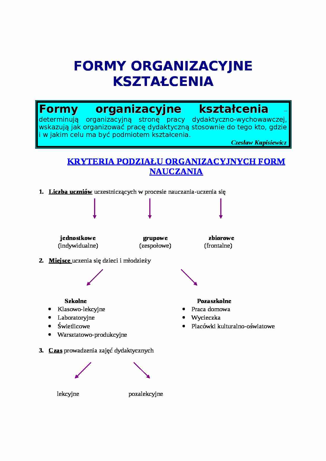 FORMY ORGANIZACYJNE KSZTAŁCENIA- pedagogika - strona 1