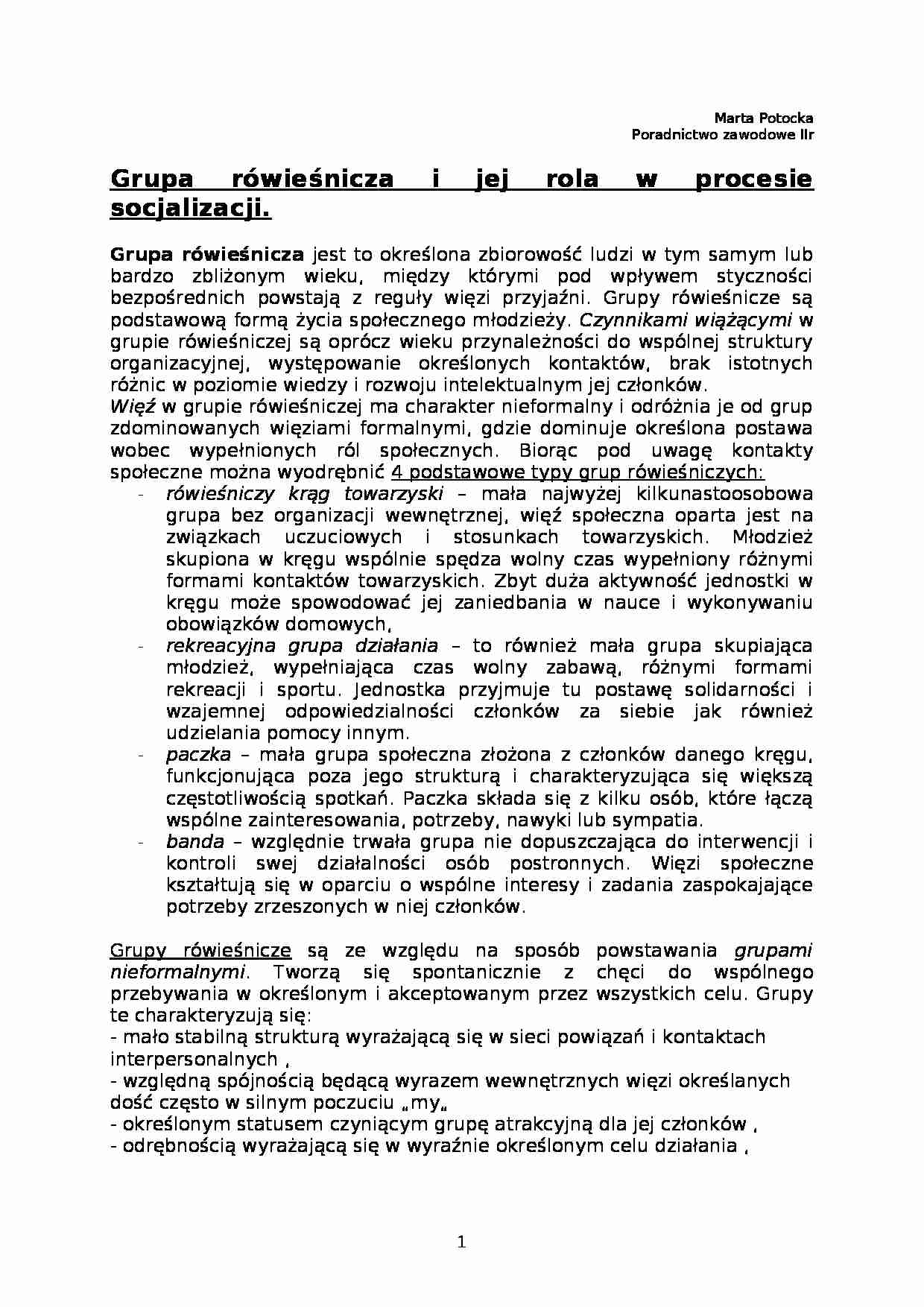 Grupa rówieśnicza i jej rola w procesie socjalizacji- pedagogika - strona 1