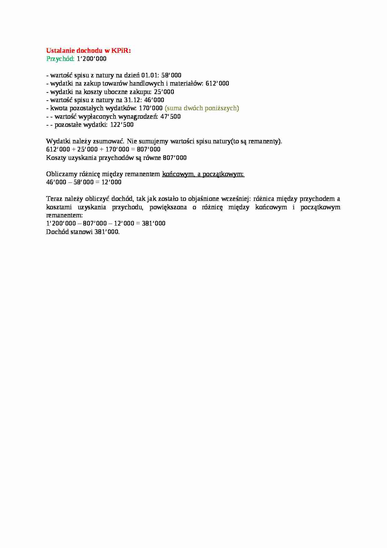 Ustalanie dochodu w KPiR - opracowanie - strona 1