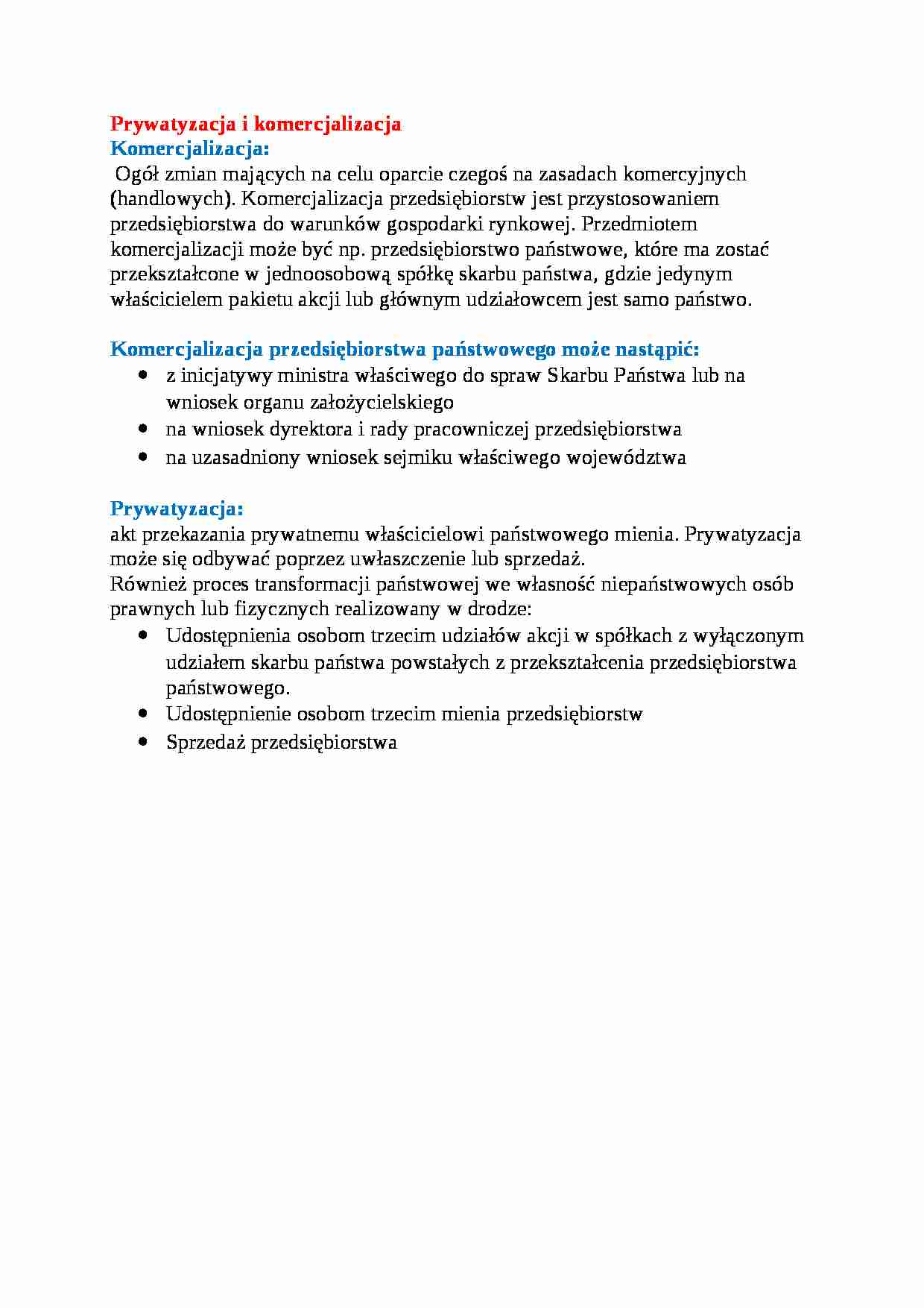Prywatyzacja i komercjalizacja - wykład - strona 1