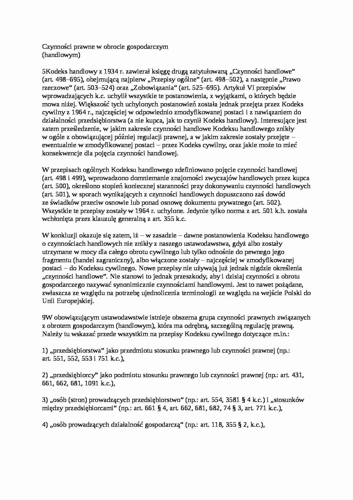 Czynności prawne w obrocie gospodarczym - wykład - strona 1