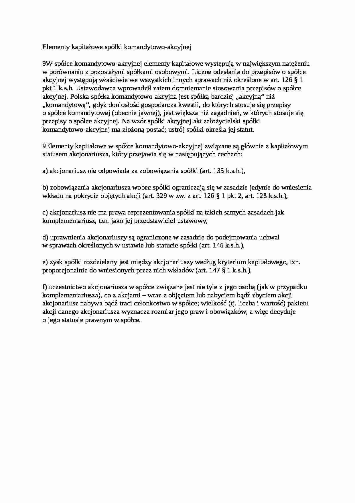 Elementy kapitałowe spółki komandytowo akcyjnej - wykład - strona 1