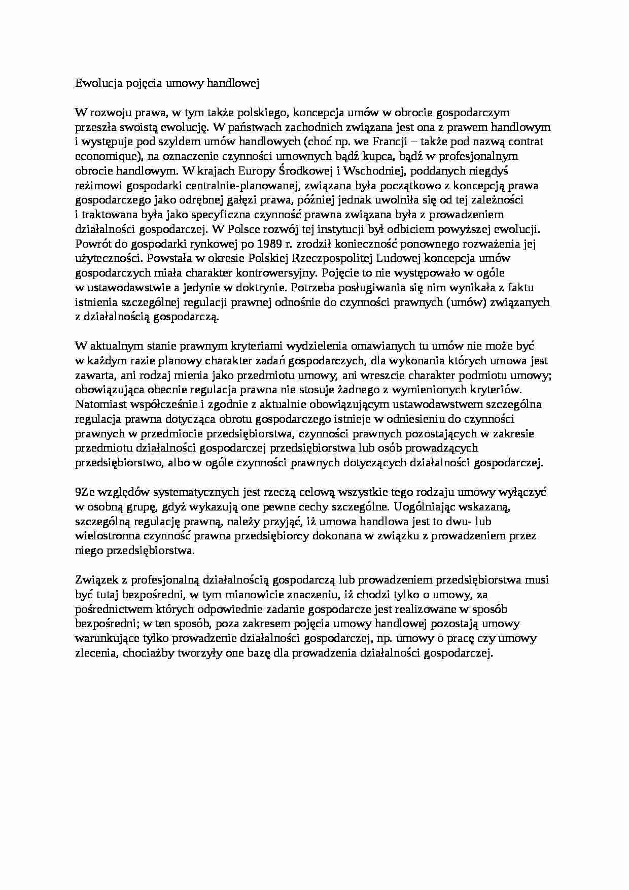 Ewolucja pojęcia umowy handlowej - wykład - strona 1