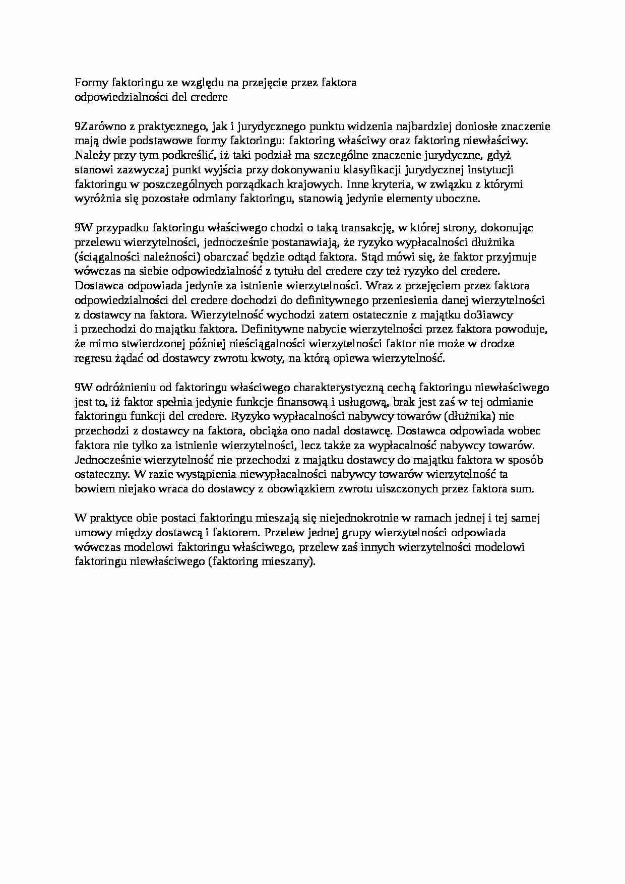 Formy faktoringu ze względu na przejęcie przez faktora - wykład - strona 1