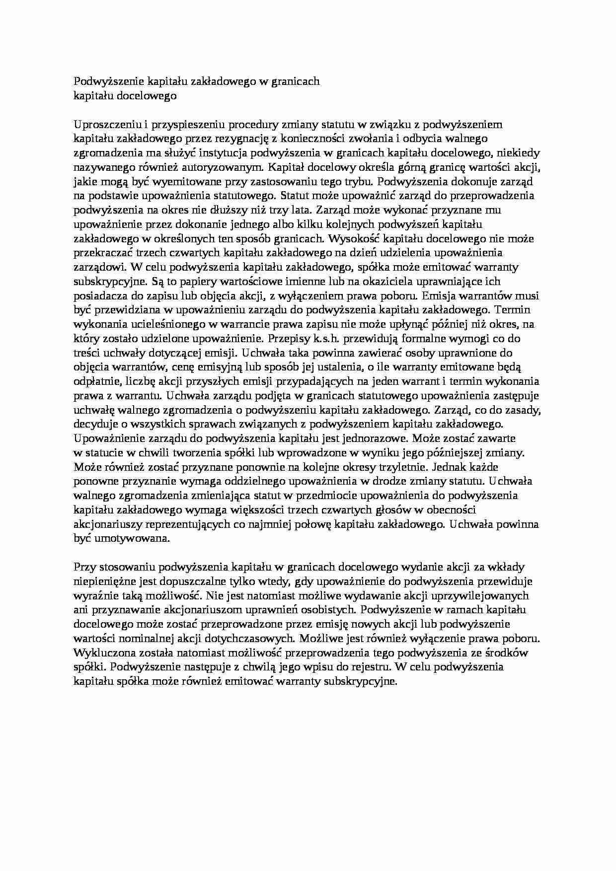 Podwyższenie kapitału zakładowego w spółce akcyjnej - wykład - strona 1