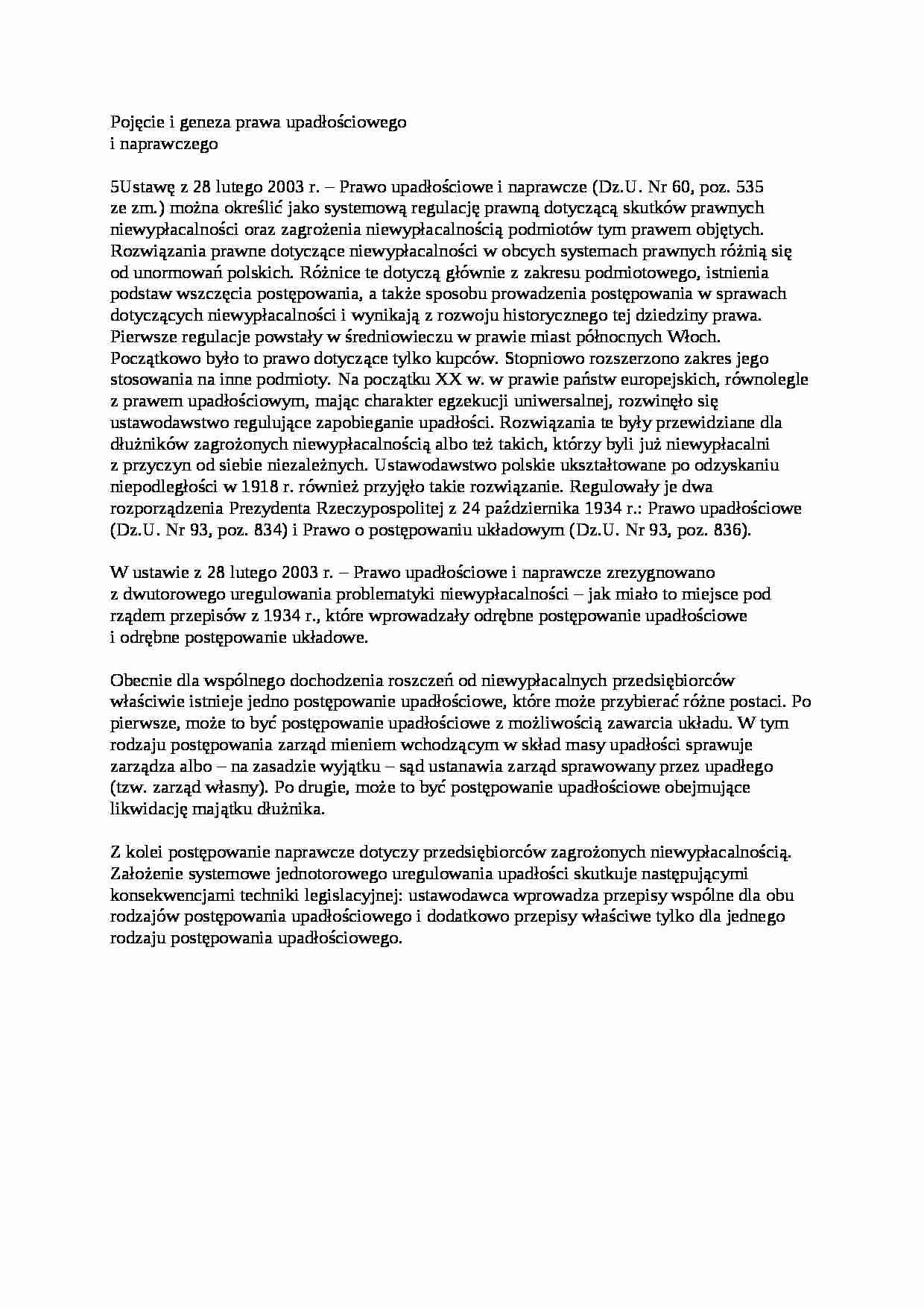 Pojęcie i geneza prawa upadłościowego - wykład - strona 1