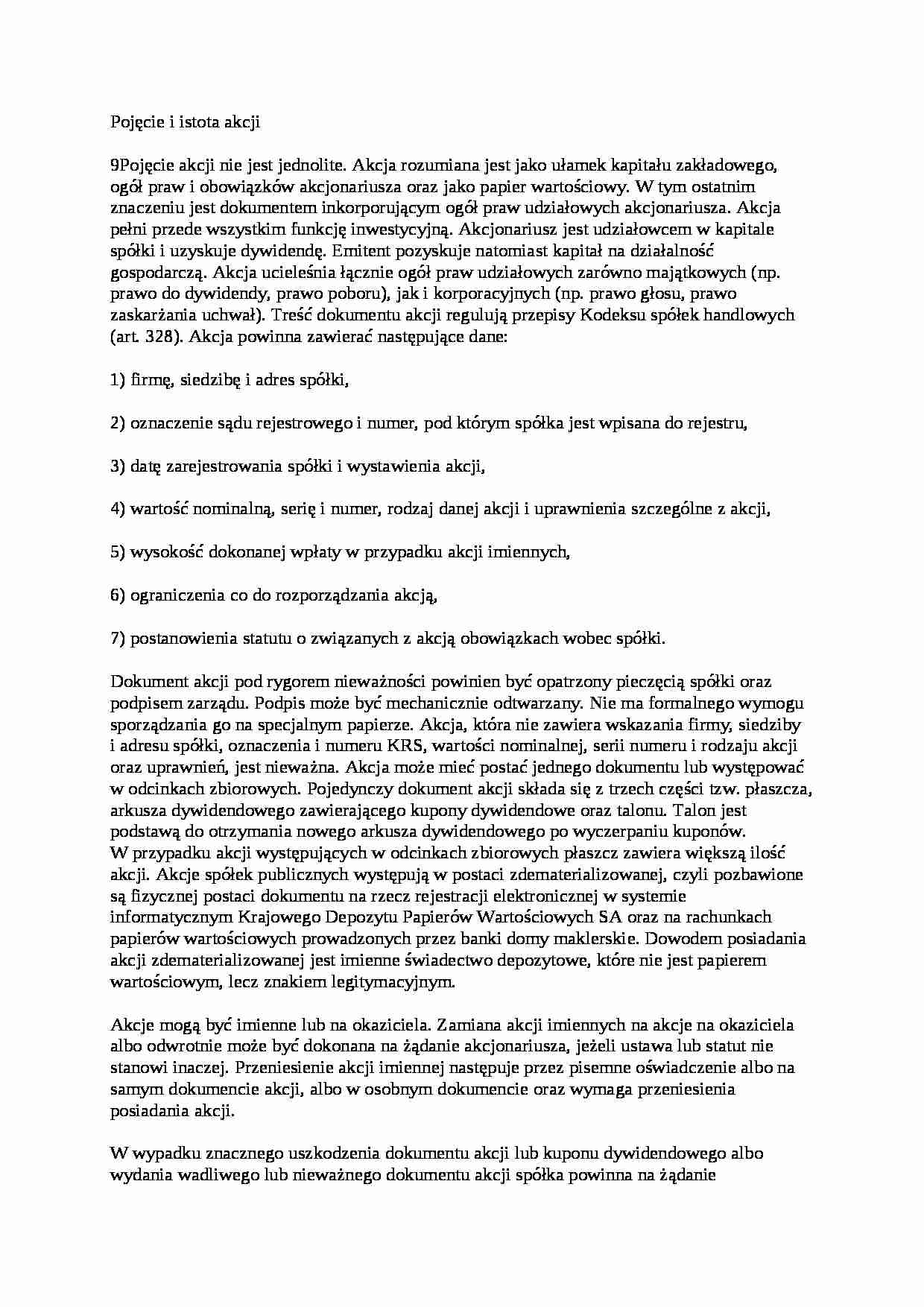 Pojęcie i istota akcji - wykład - strona 1