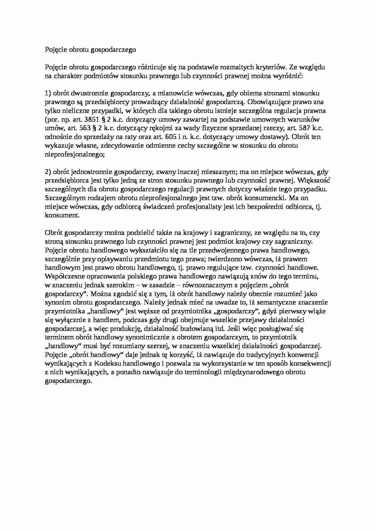Pojęcie obrotu gospodarczego - wykład - strona 1