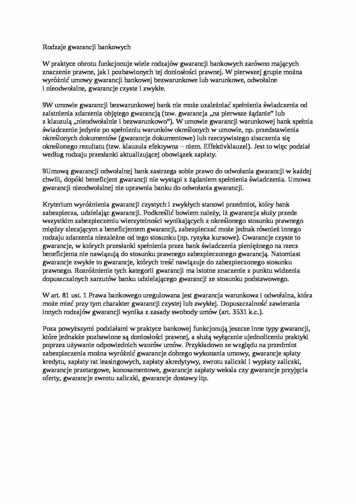 Rodzaje gwarancji bankowych - wykład - strona 1
