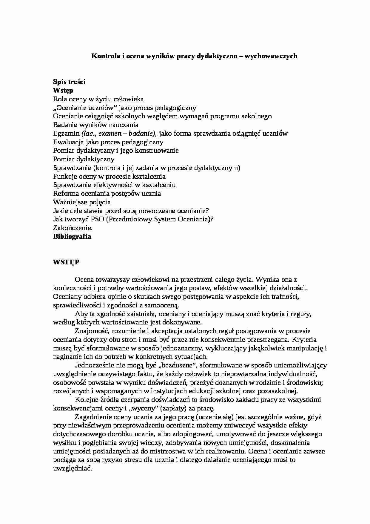 Kontrola i ocena wyników pracy dydaktyczno ? wychowawczych- pedagogika - strona 1