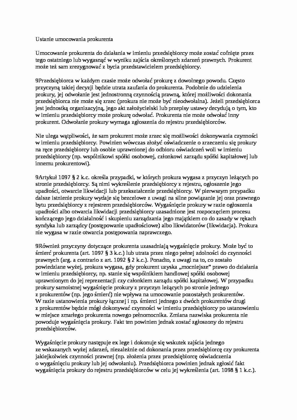 Ustanie umocowania prokurenta - wykład - strona 1