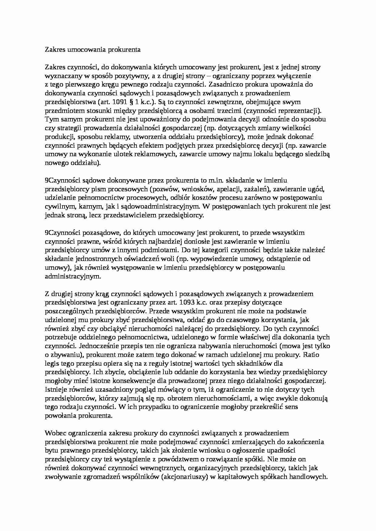 Zakres umocowania prokurenta - wykład - strona 1