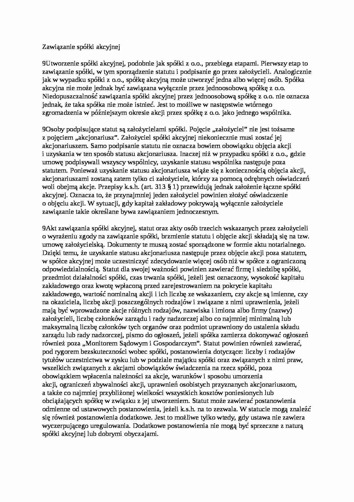 Zawiązanie spółki akcyjnej - wykład - strona 1