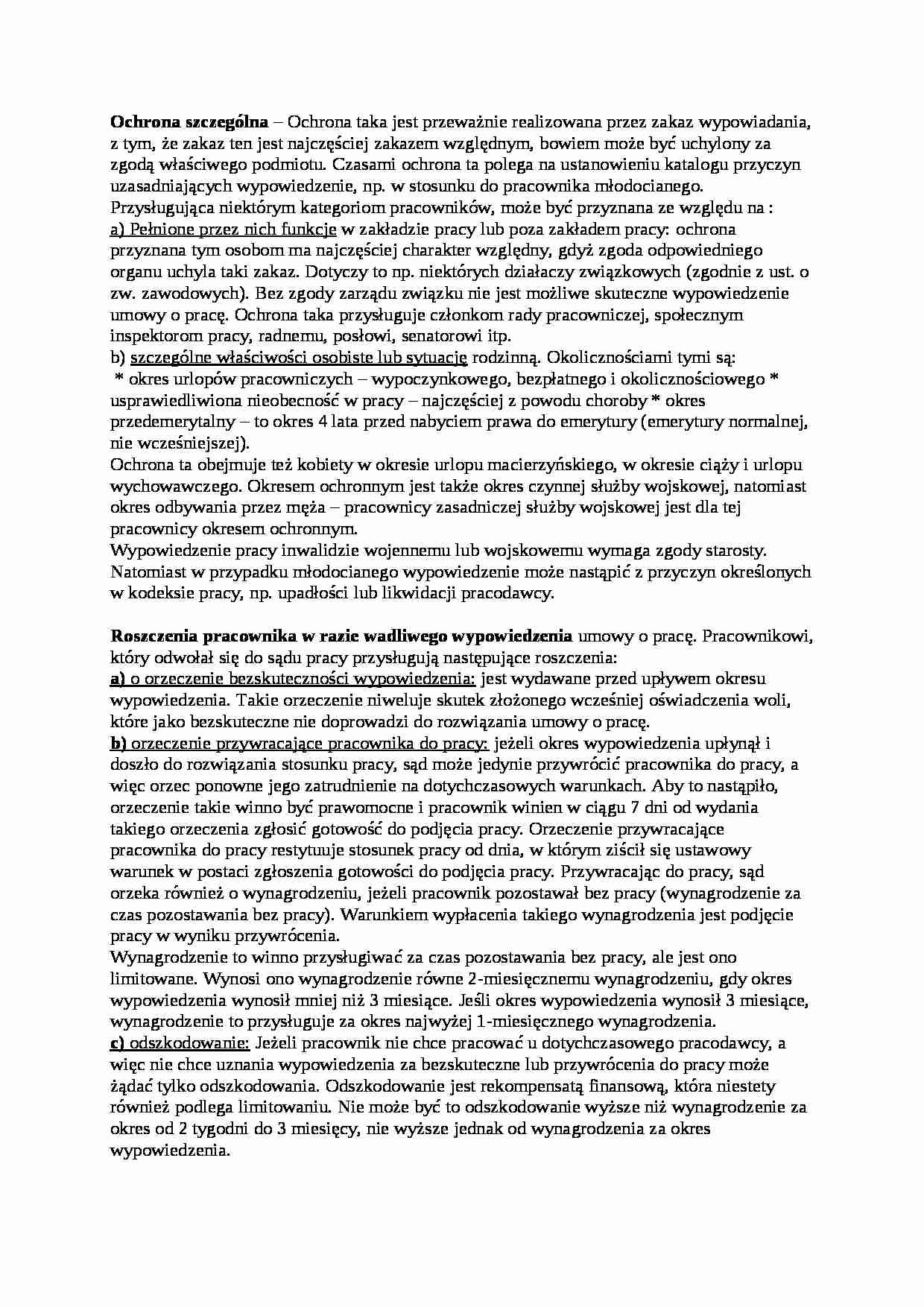 Ochrona szczególna i roszczenia pracownika - wykład - strona 1