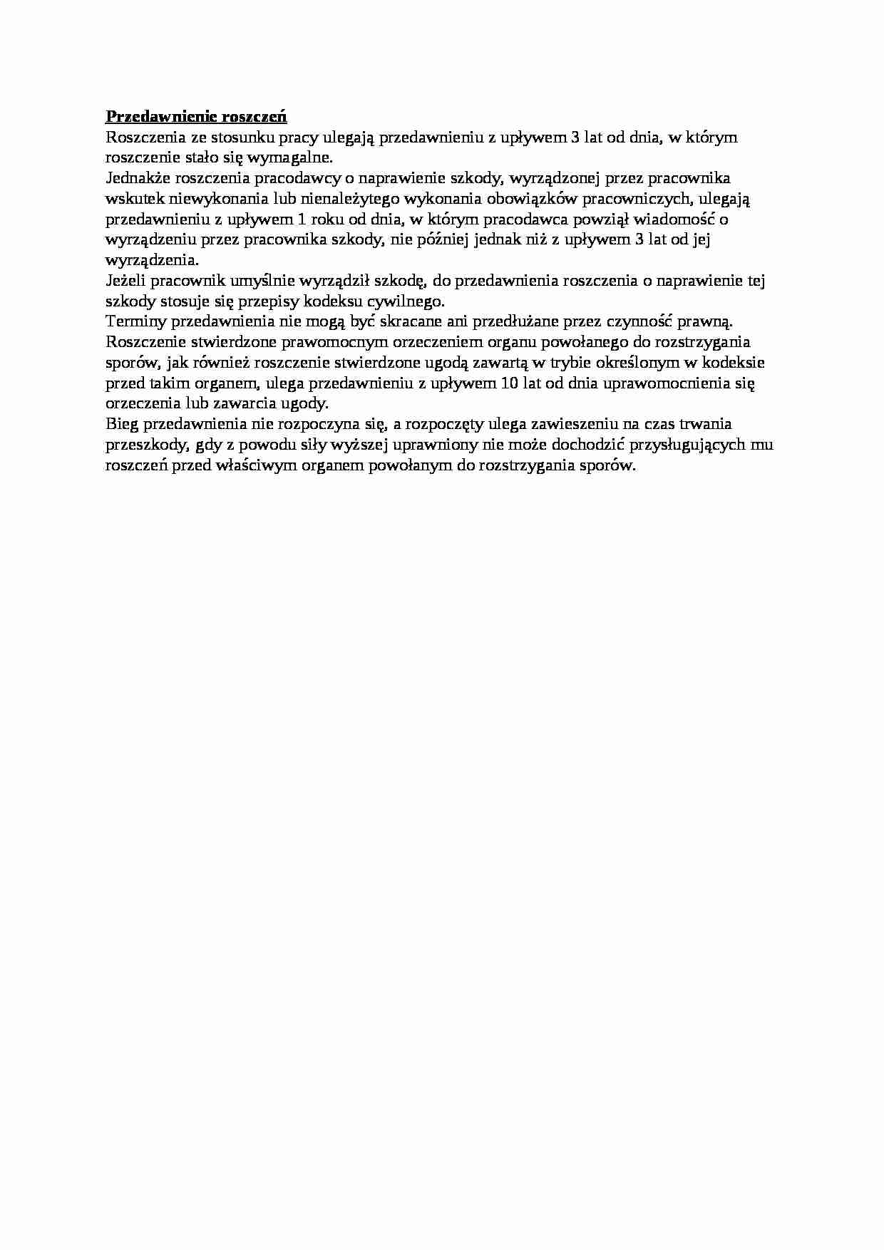 Przedawnienie roszczeń - opracowanie - Stosunek pracy - strona 1