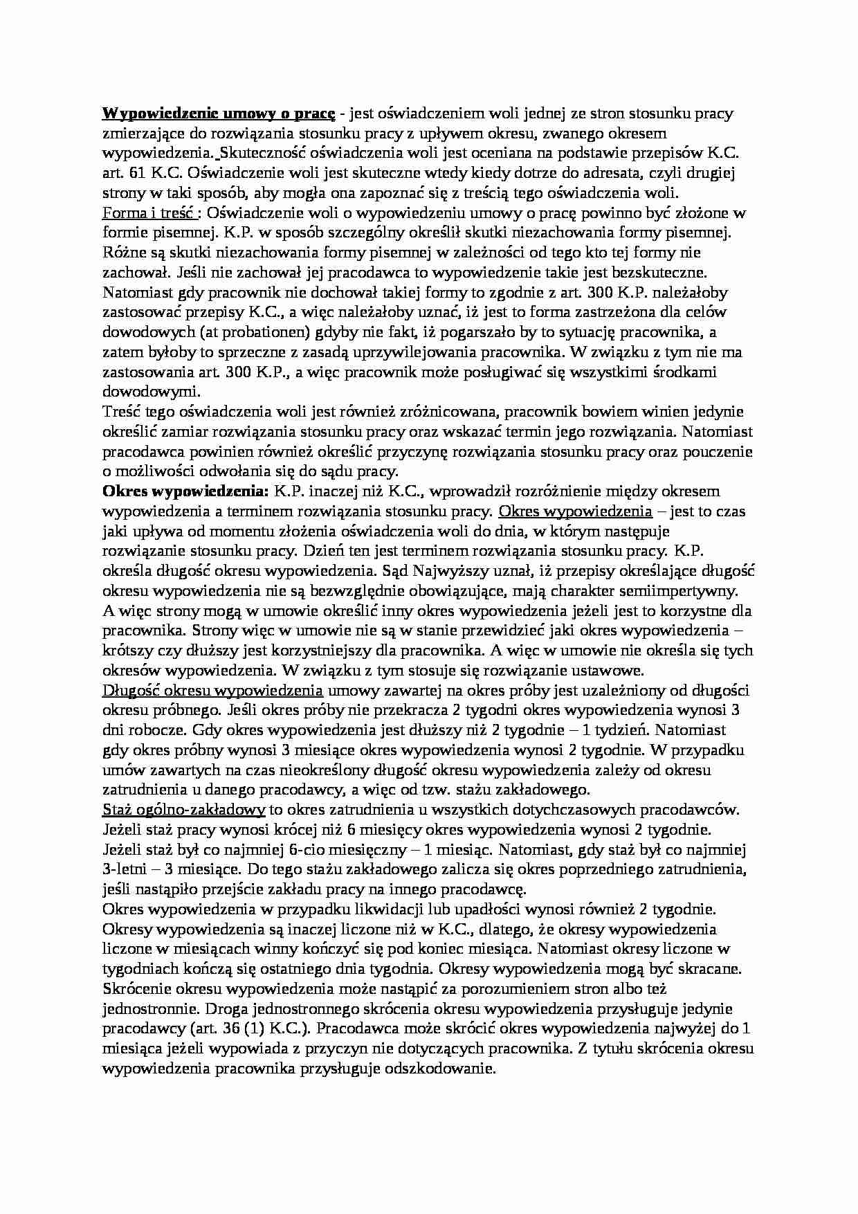Wypowiedzenie umowy o pracę - wykład - strona 1