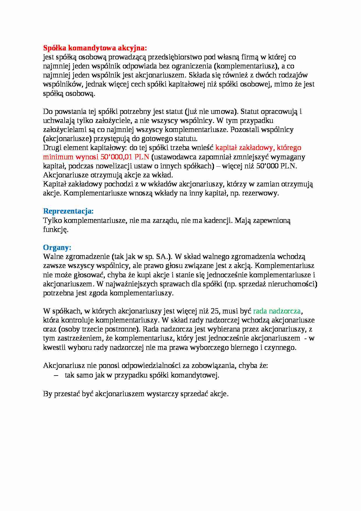 Spółka komandytowo-akcyjna - wykład - strona 1