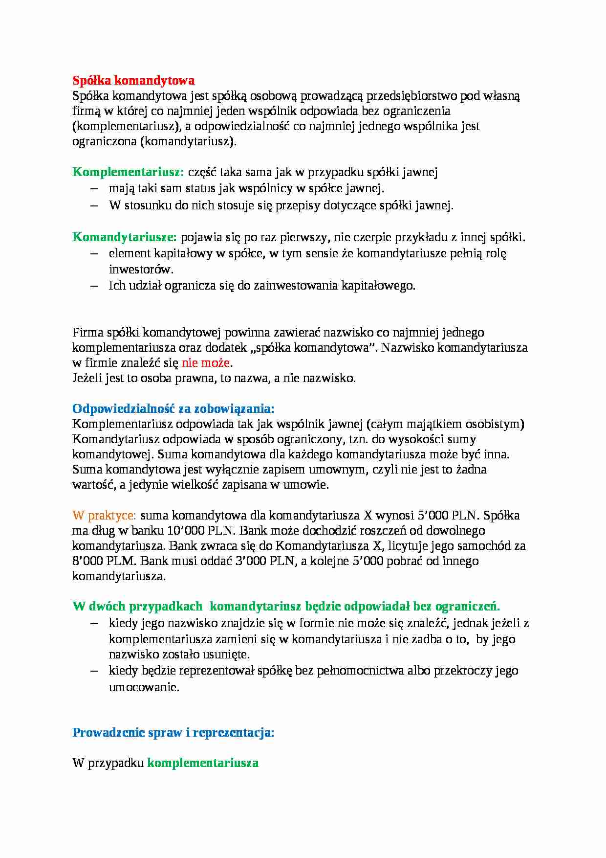 Spółka komandytowa - wykład - strona 1