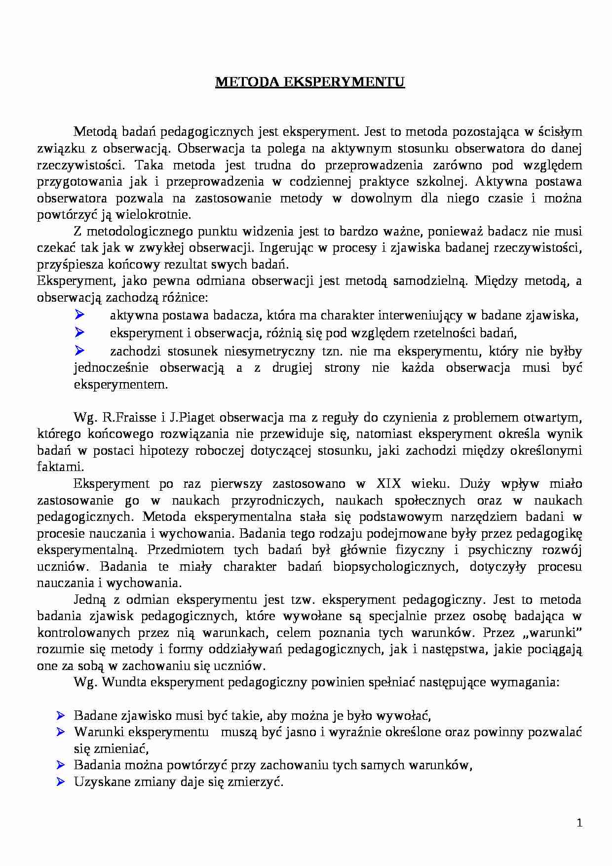 Metoda eksperymentu- pedagogika - strona 1