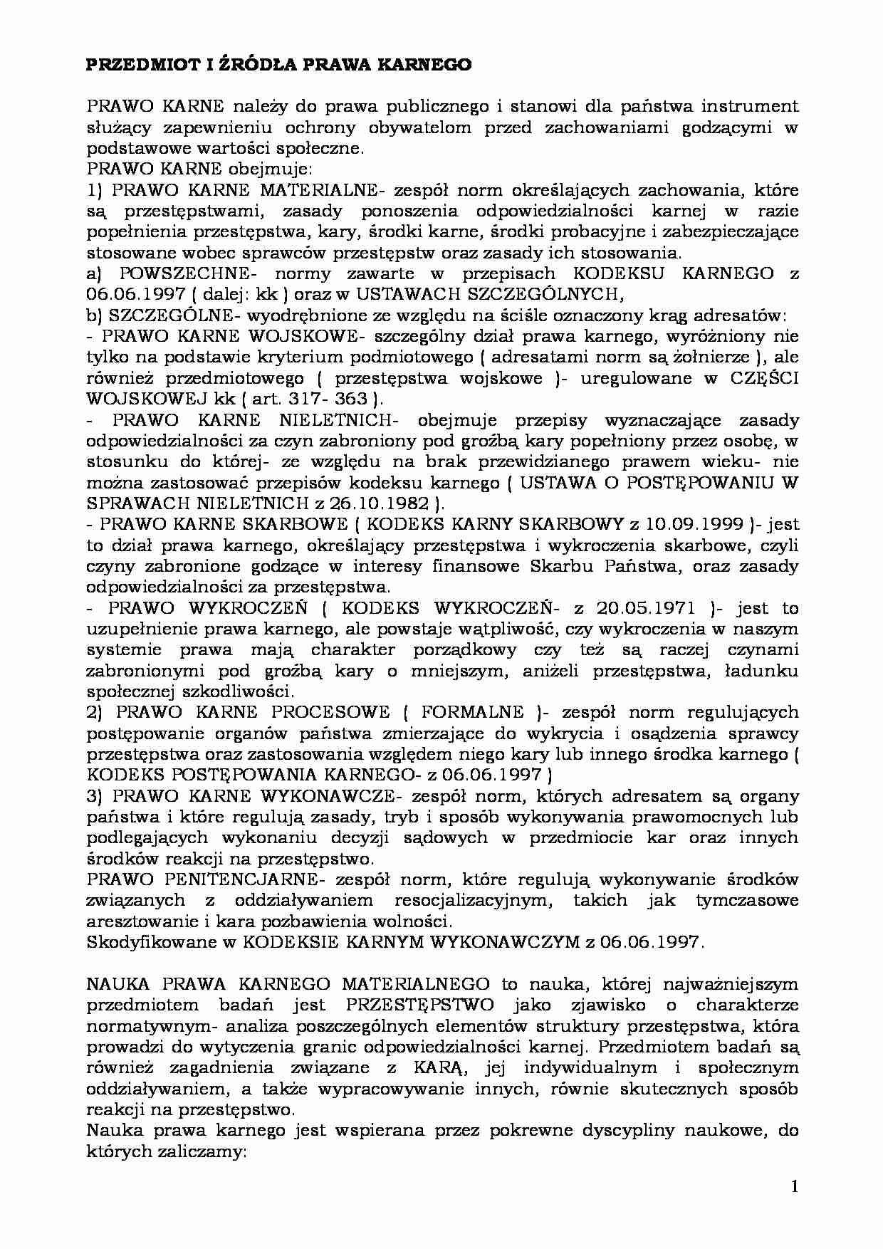 Przedmiot i źródła prawa karnego - opracowanie - strona 1
