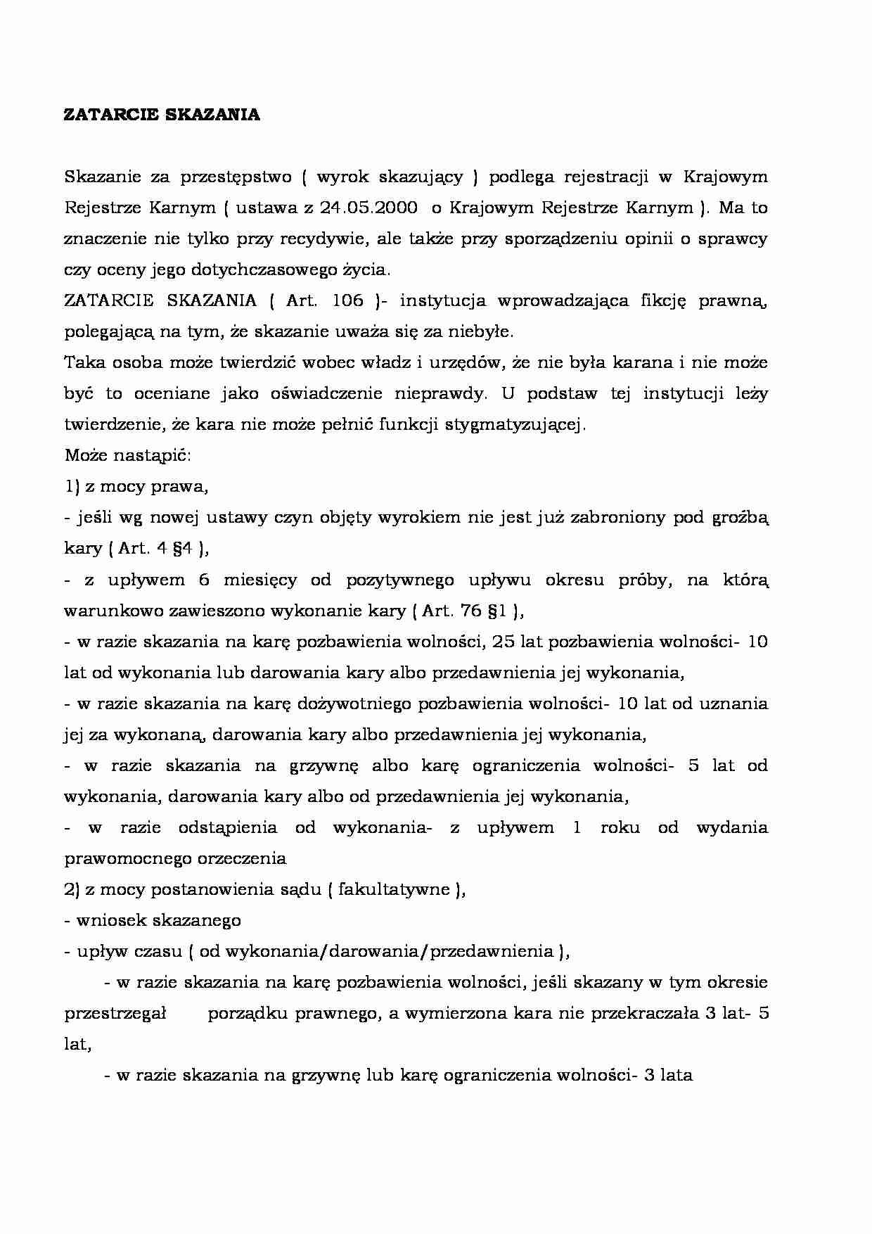 Zatarcie skazania - opracowanie tematu  - strona 1