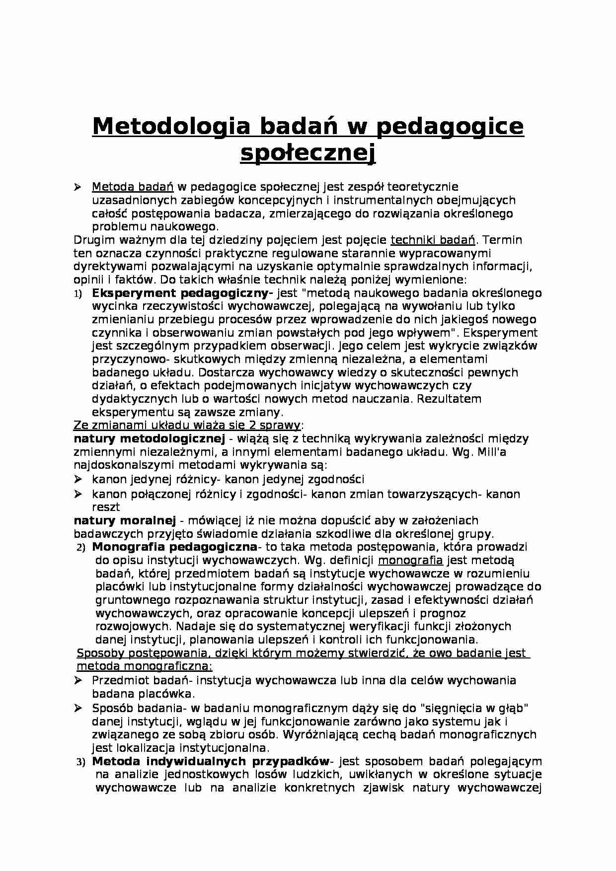 Metodologia badań w pedagogice społecznej- pedagogika - strona 1