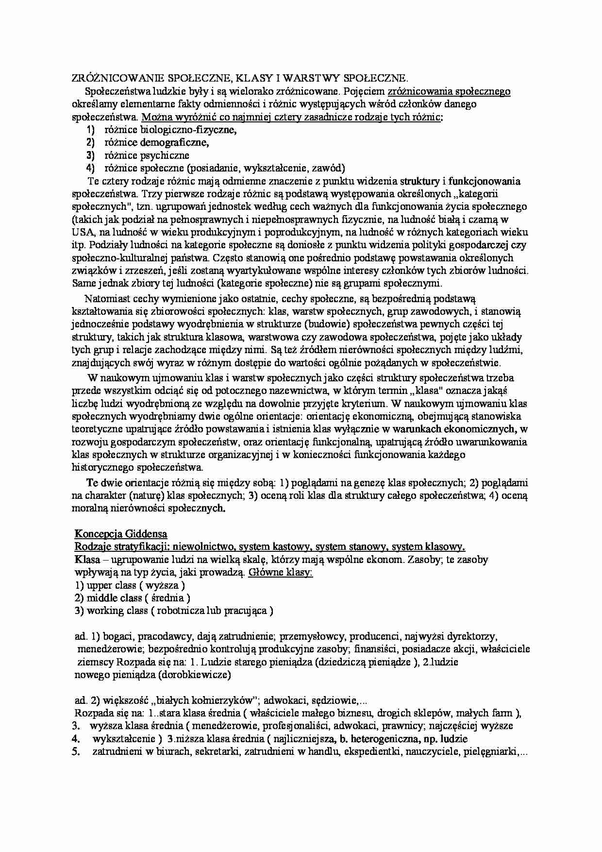 Zróżnicowanie społeczne, klasy, warstwy - opracowanie - strona 1