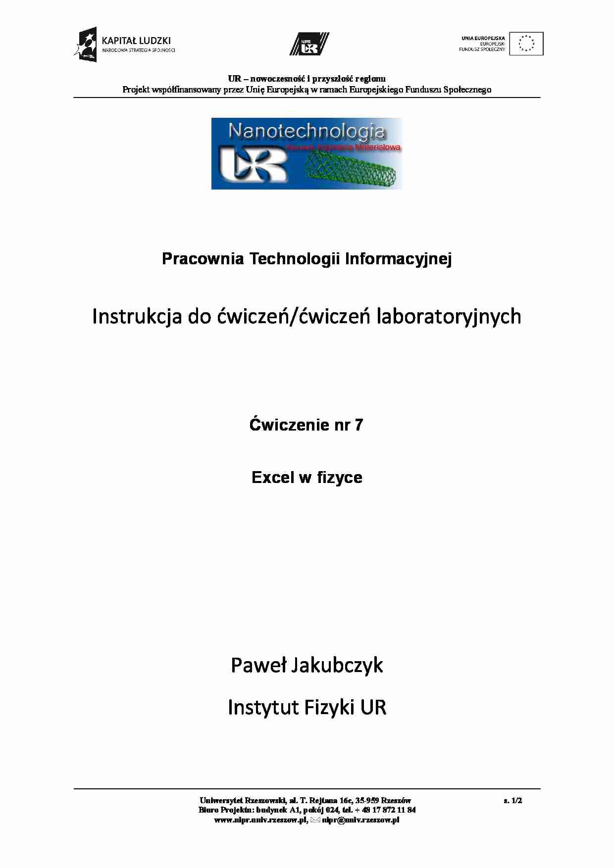 Excel w fizyce - instrukcja do ćwiczeń. - strona 1