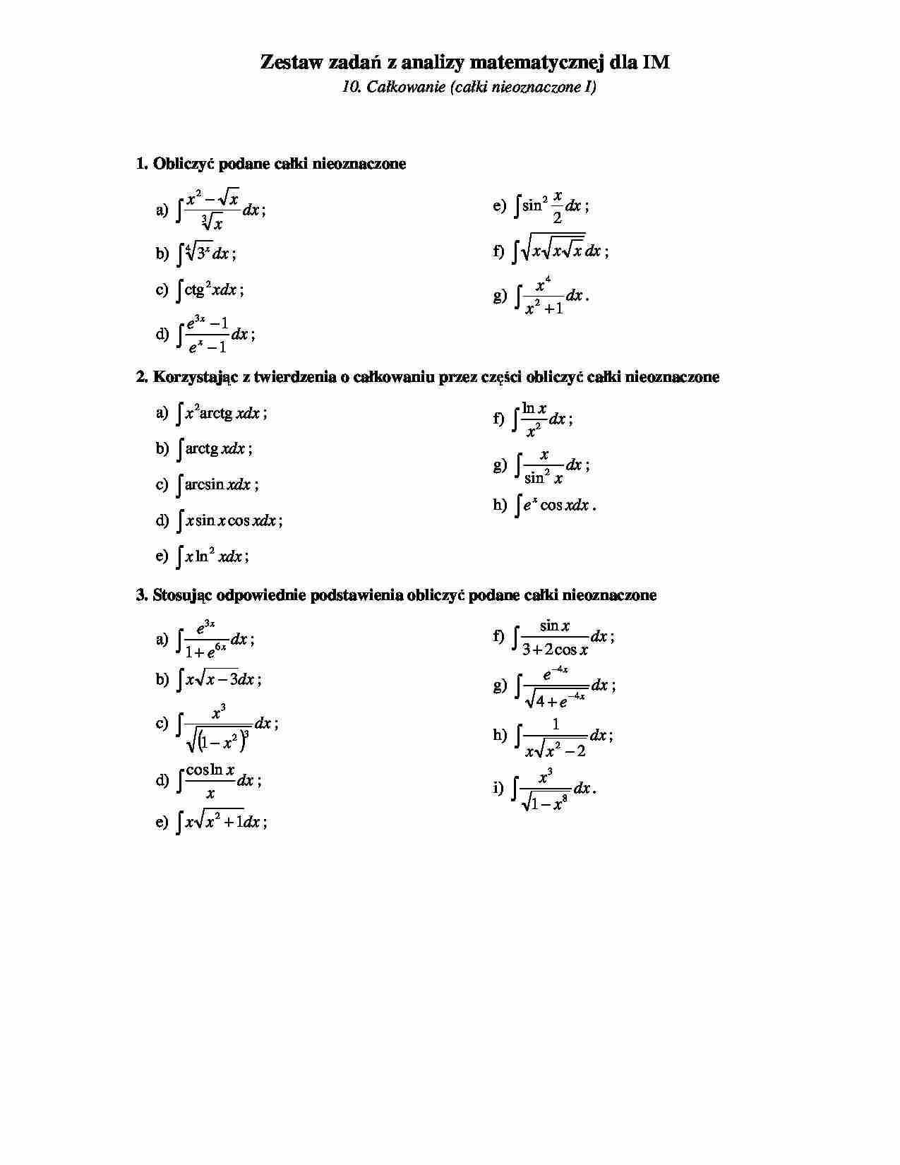 Całki nieoznaczone - zestaw zadań z analizy matematycznej. - strona 1