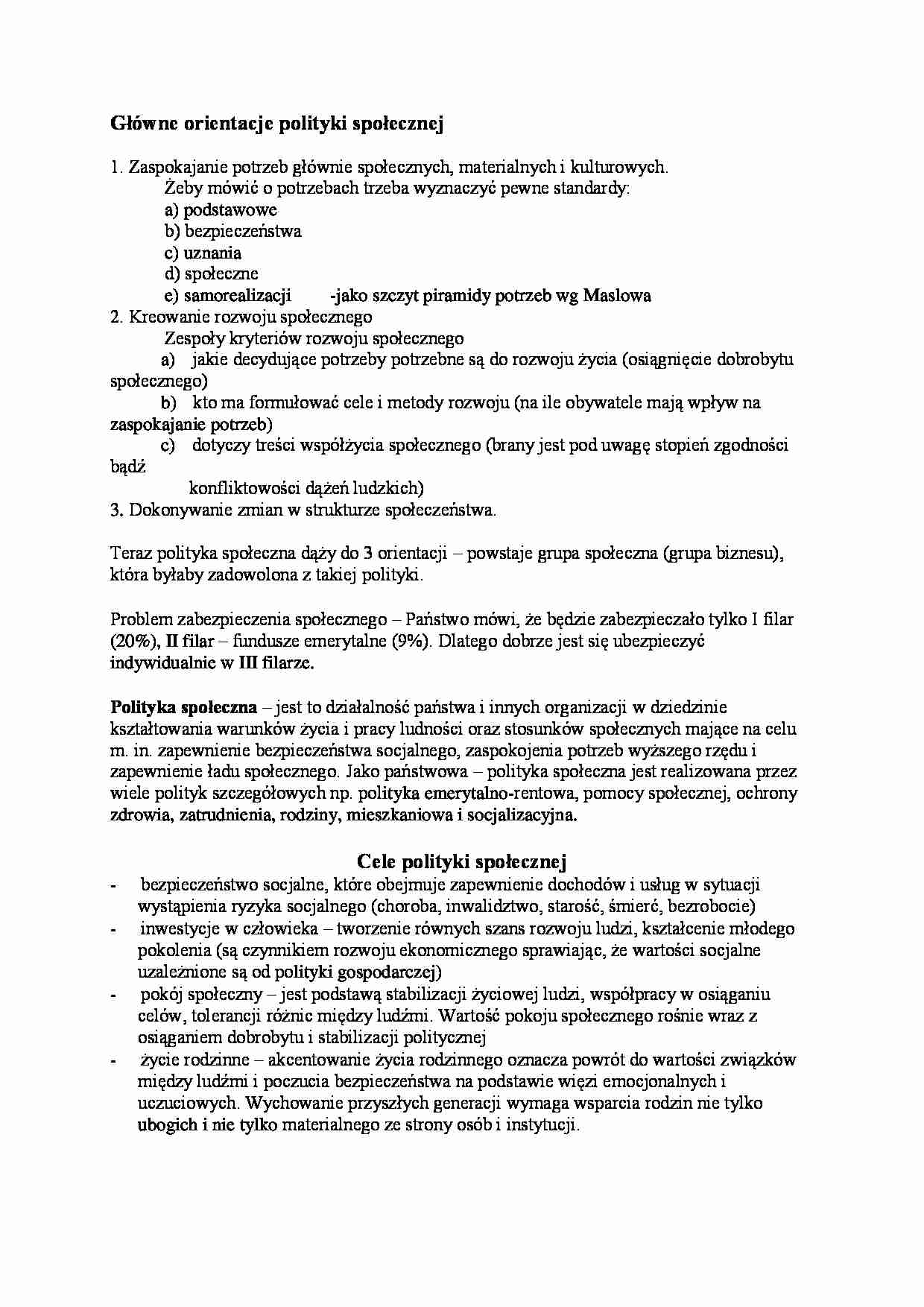 Główne orientacje polityki społecznej - wykład. - strona 1