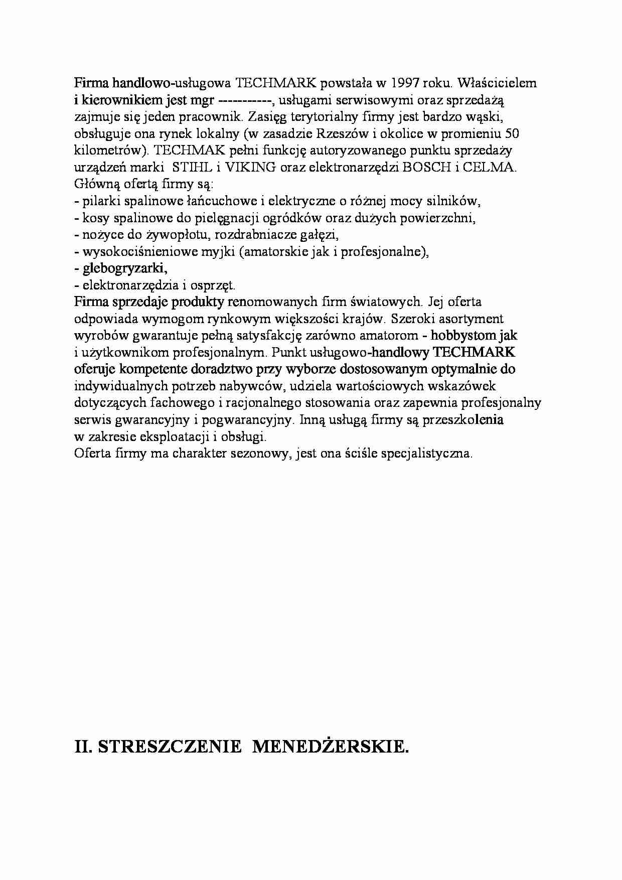 Charakterystyka firmy handlowo-usługowej TECHMARK - opracowanie. - strona 1