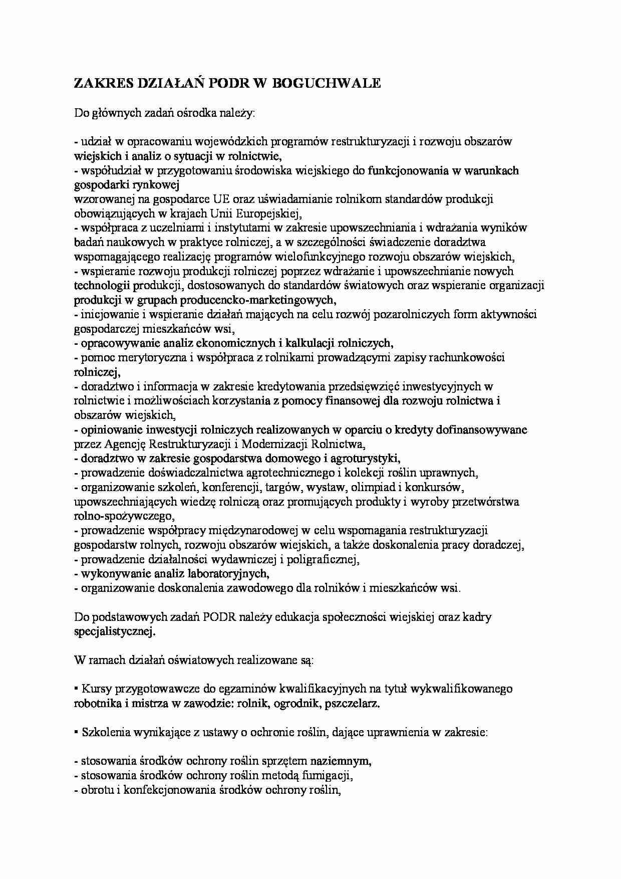 Zakres działań PODR w Boguchwale - opracowanie. - strona 1