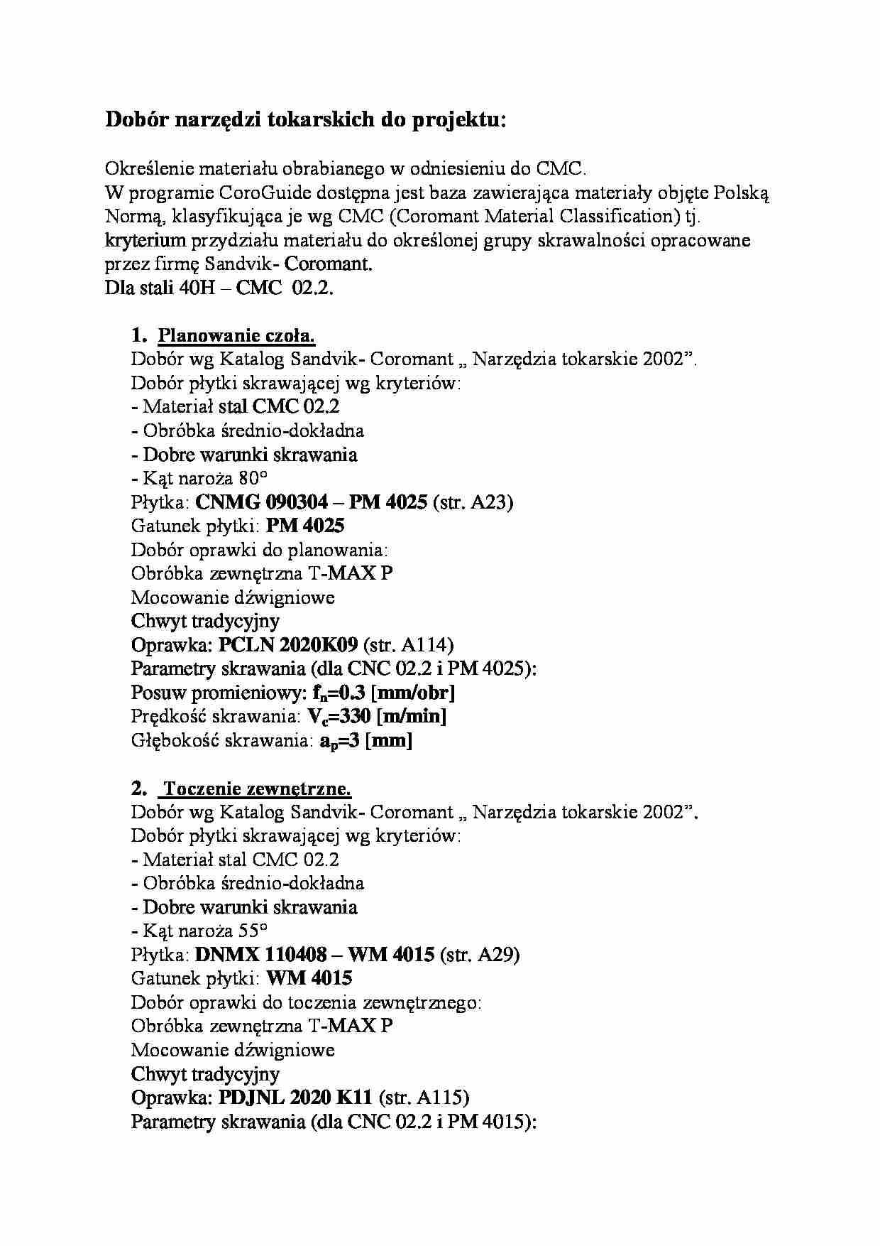 Dobór narzędzi tokarskich do projektu - wykład. - strona 1