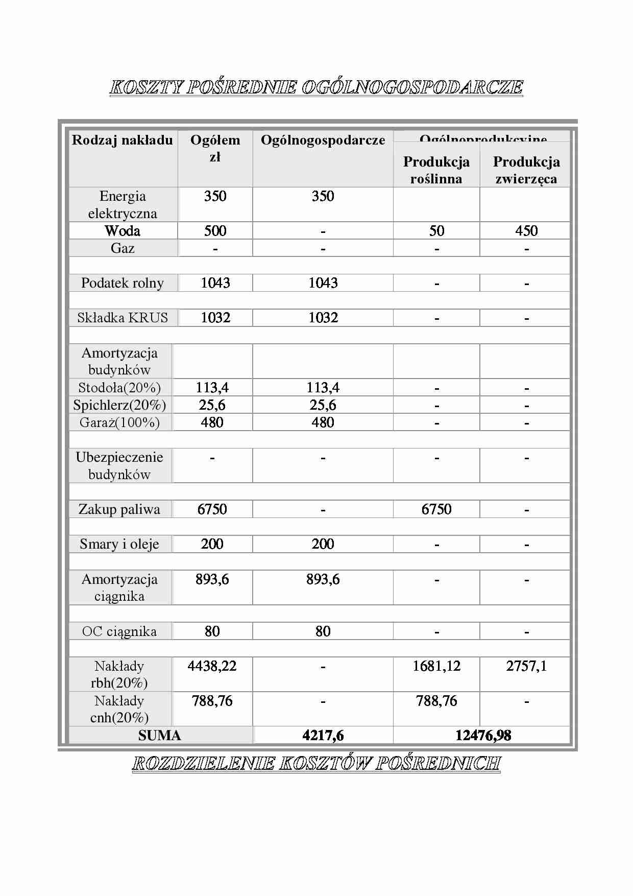 Koszty pośrednie ogólnogospodarcze - ćwiczenia. - strona 1