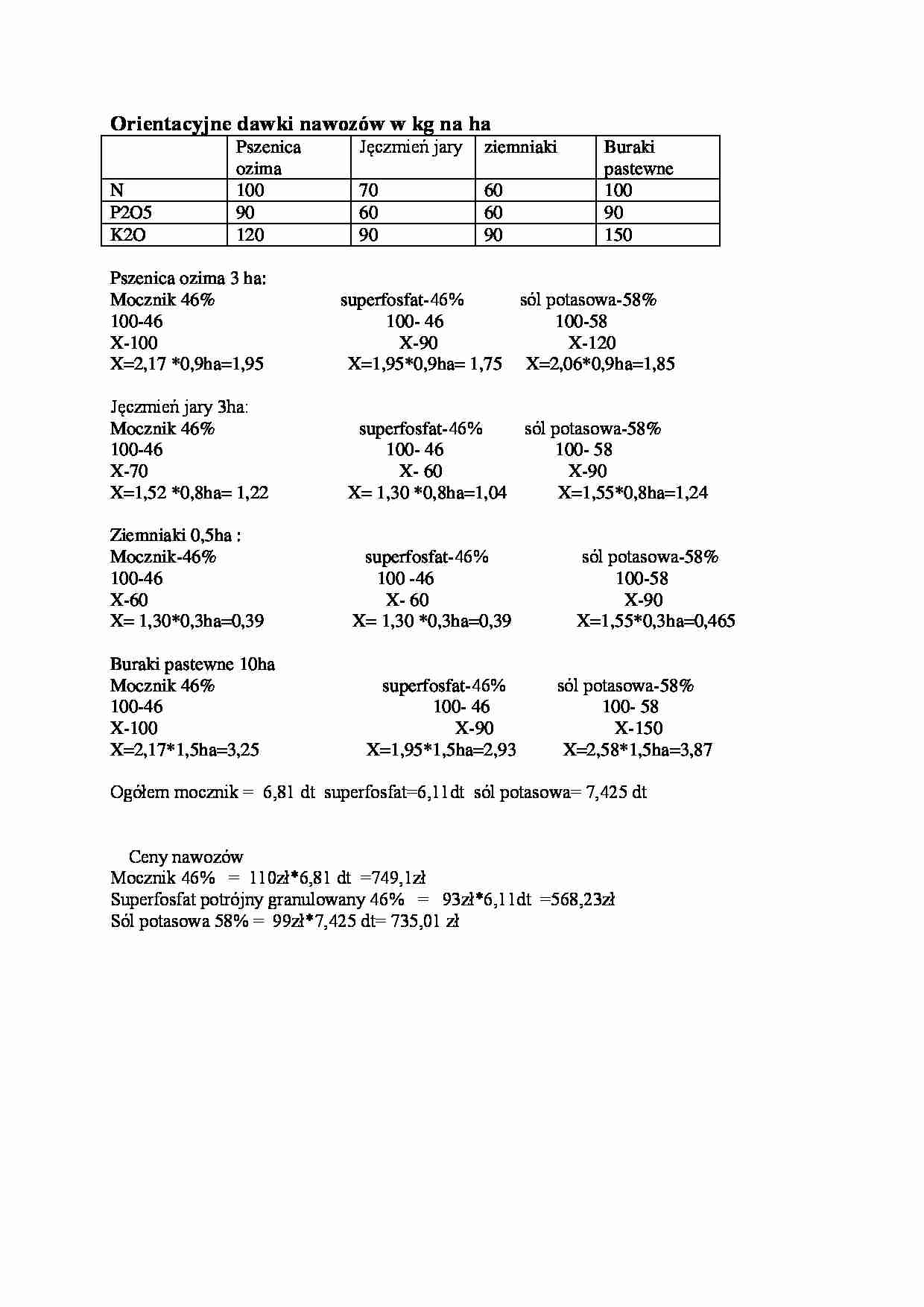 Orientacyjne dawki nawozów w kilogramach na hektar - ćwiczenia. - strona 1