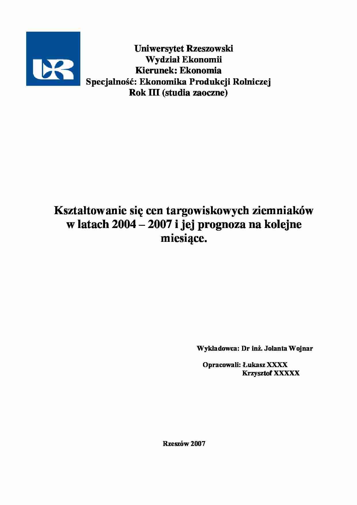 Kształtowanie się cen targowisk ziemniaków - praca zaliczeniowa. - strona 1