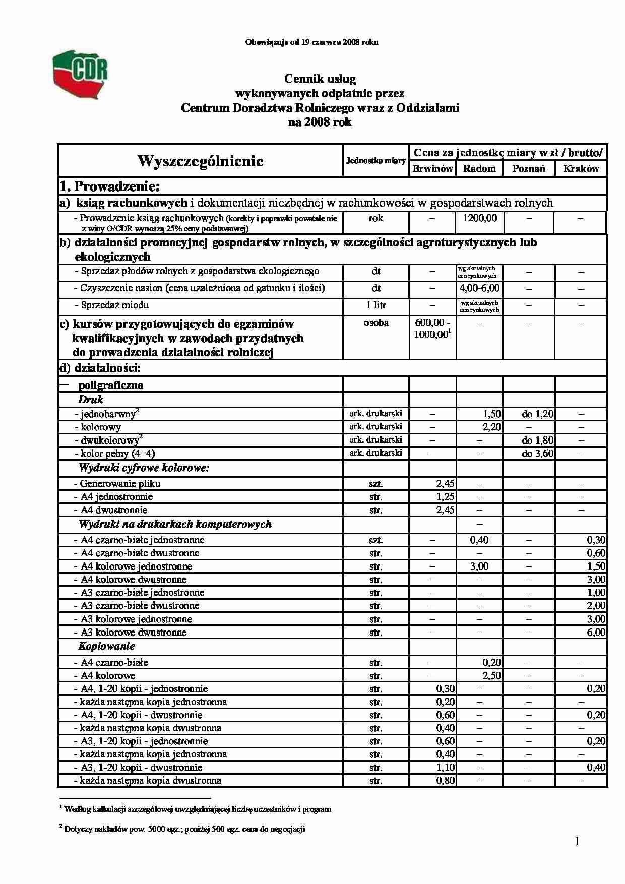 Cennik usług Cetrum Doradztwa Rolniczego - strona 1