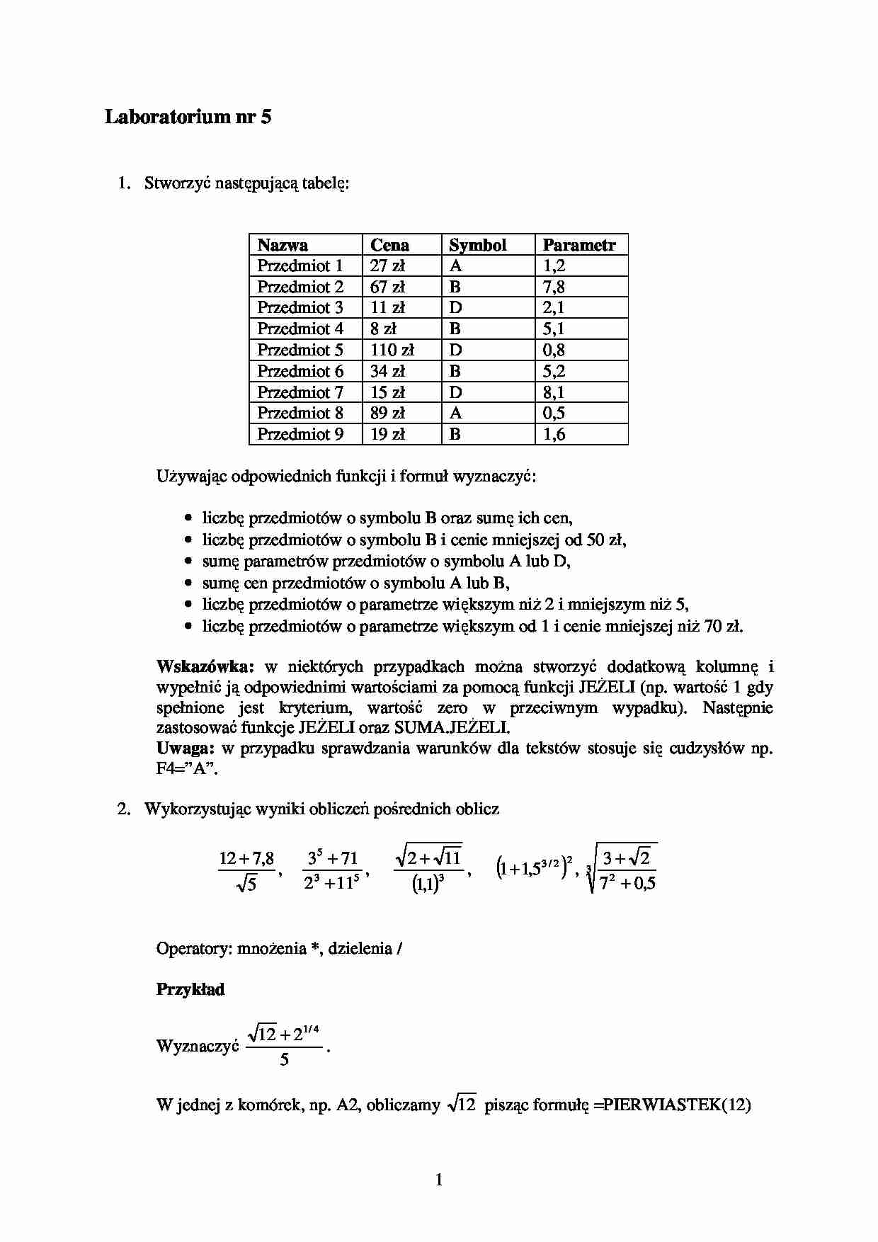 Zestaw labolatoryjny - ćwiczenia excel. - strona 1