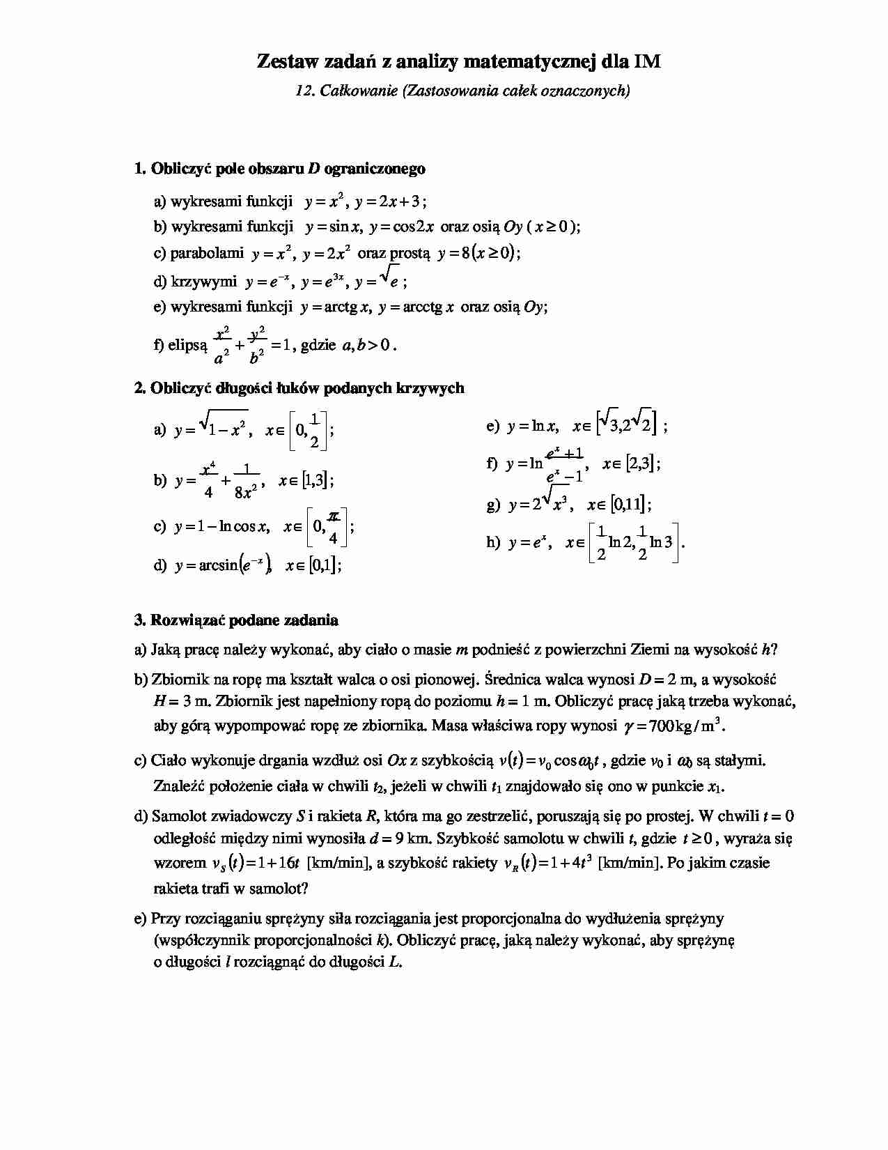 Zastosownaie całek oznaczonych - zestaw zadań. - strona 1