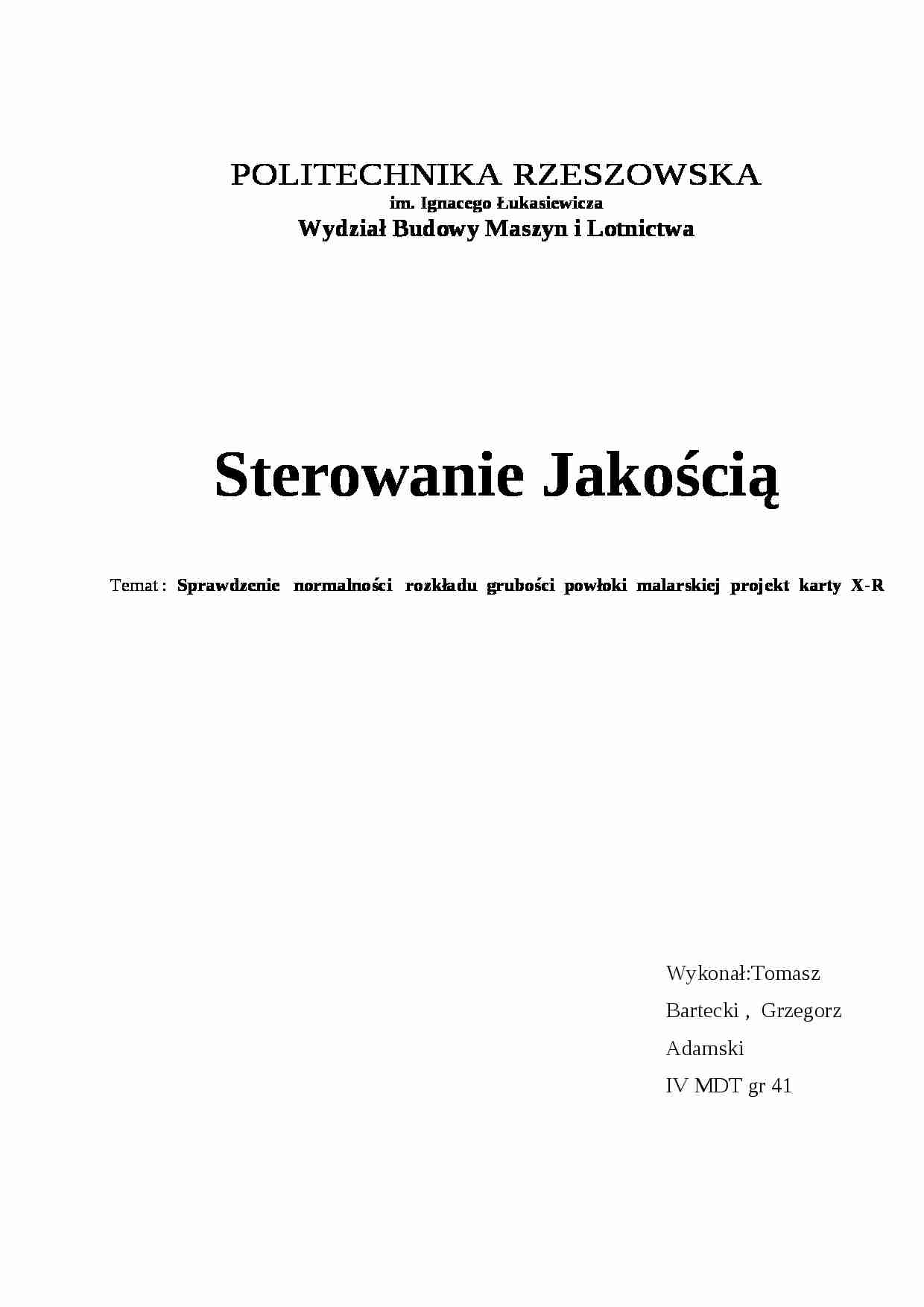 Sprawdzenie normalności rozkładu grubości powłoki malarskiej projekt karty X-R - wykład. - strona 1