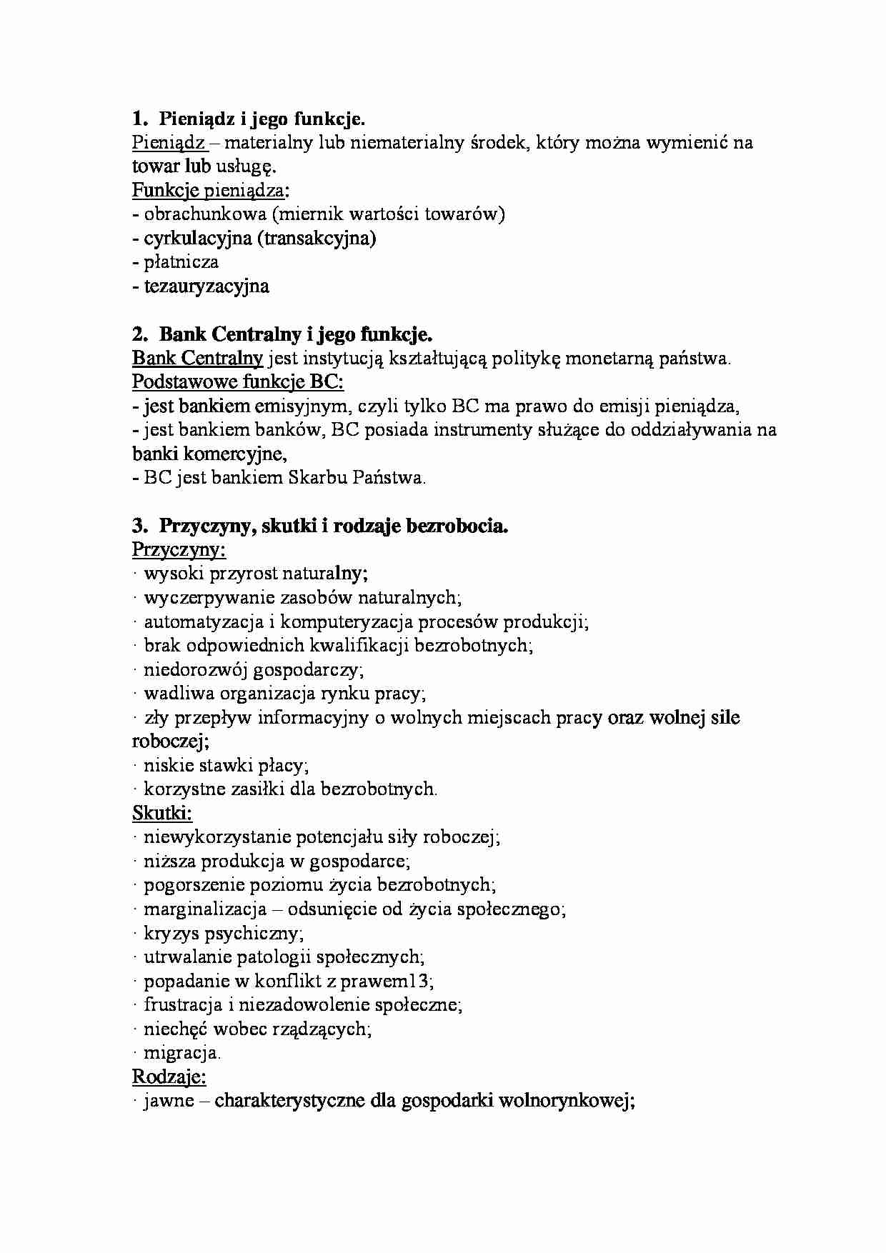 Pieniądz i jego funkcje, inflacja - wykład. - strona 1