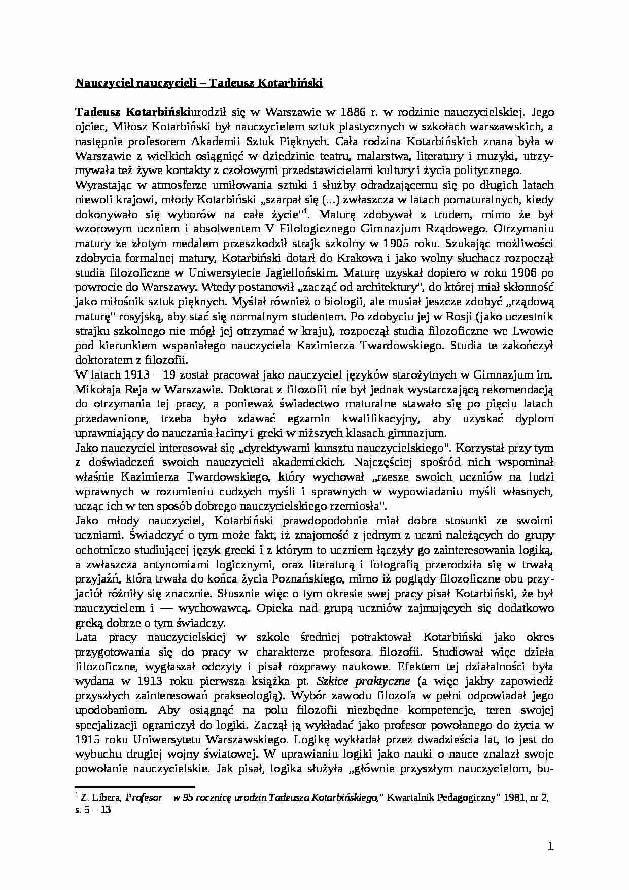 Nauczyciel nauczycieli ? Tadeusz Kotarbiński- pedagogika - strona 1